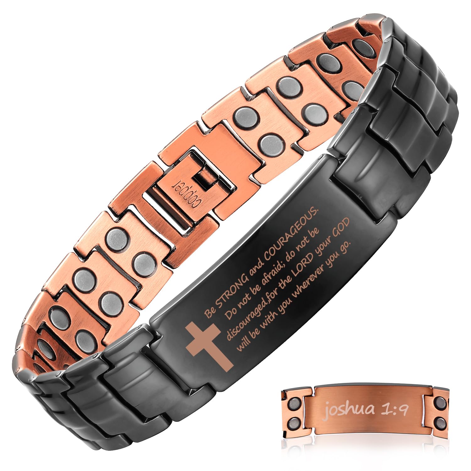 MagEnergy pulsera frontal mostrando cruz y acabado, elegante y resistente