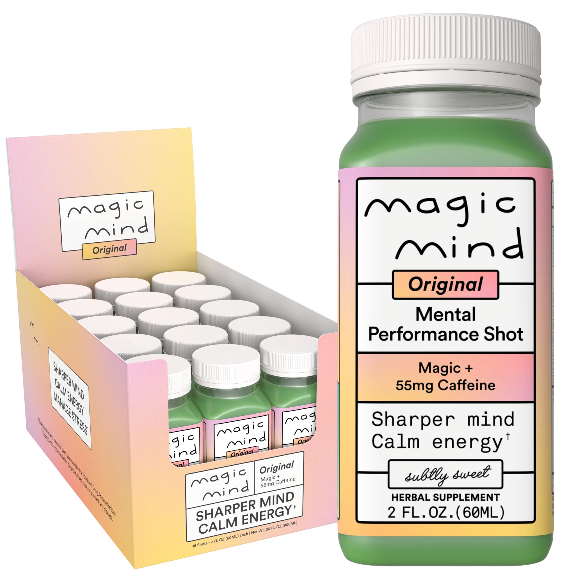 Magic Mind frontal del paquete de 15 shots mostrando conveniencia