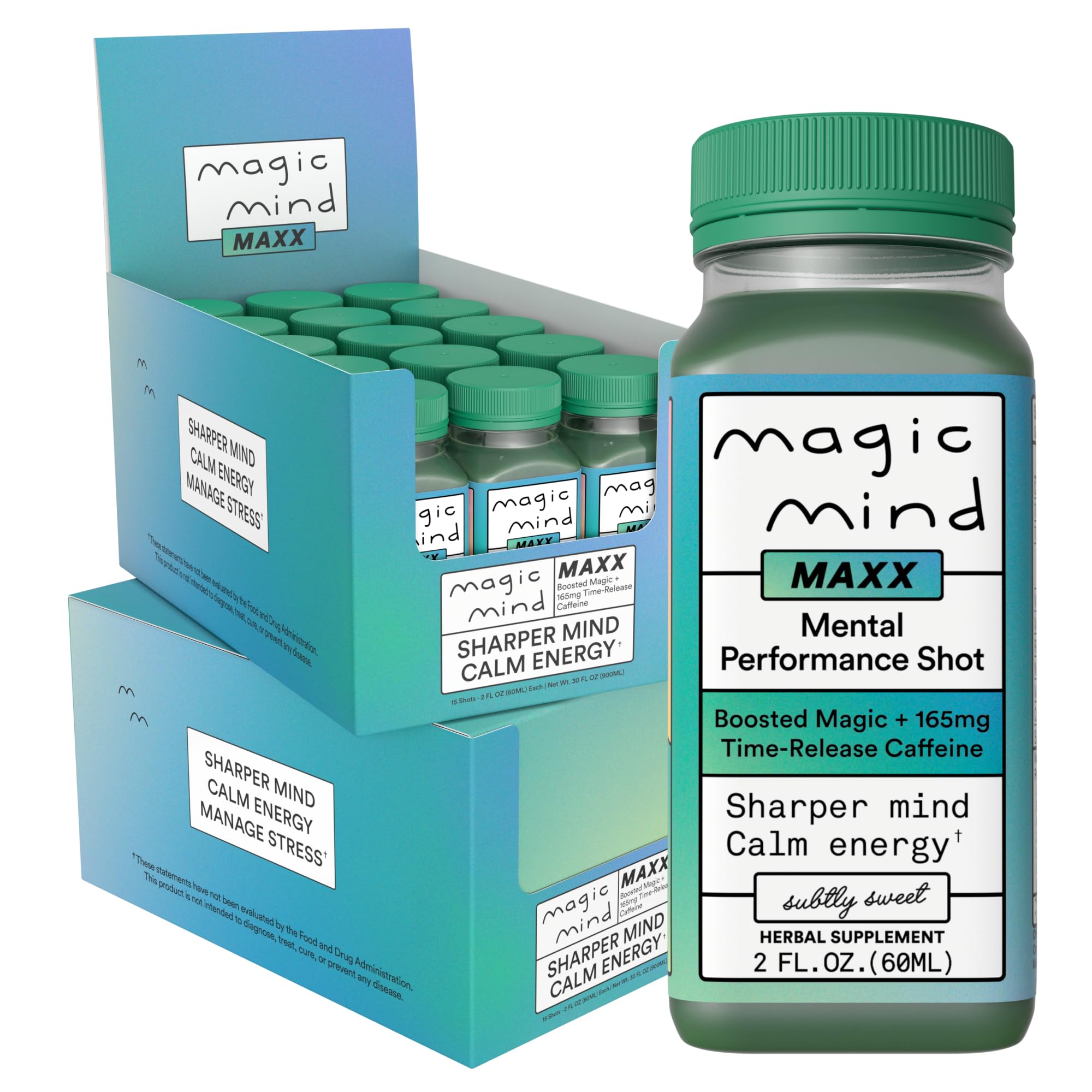 Magic Mind MAXX vista frontal del envase que muestra diseño y beneficio de energía sostenida