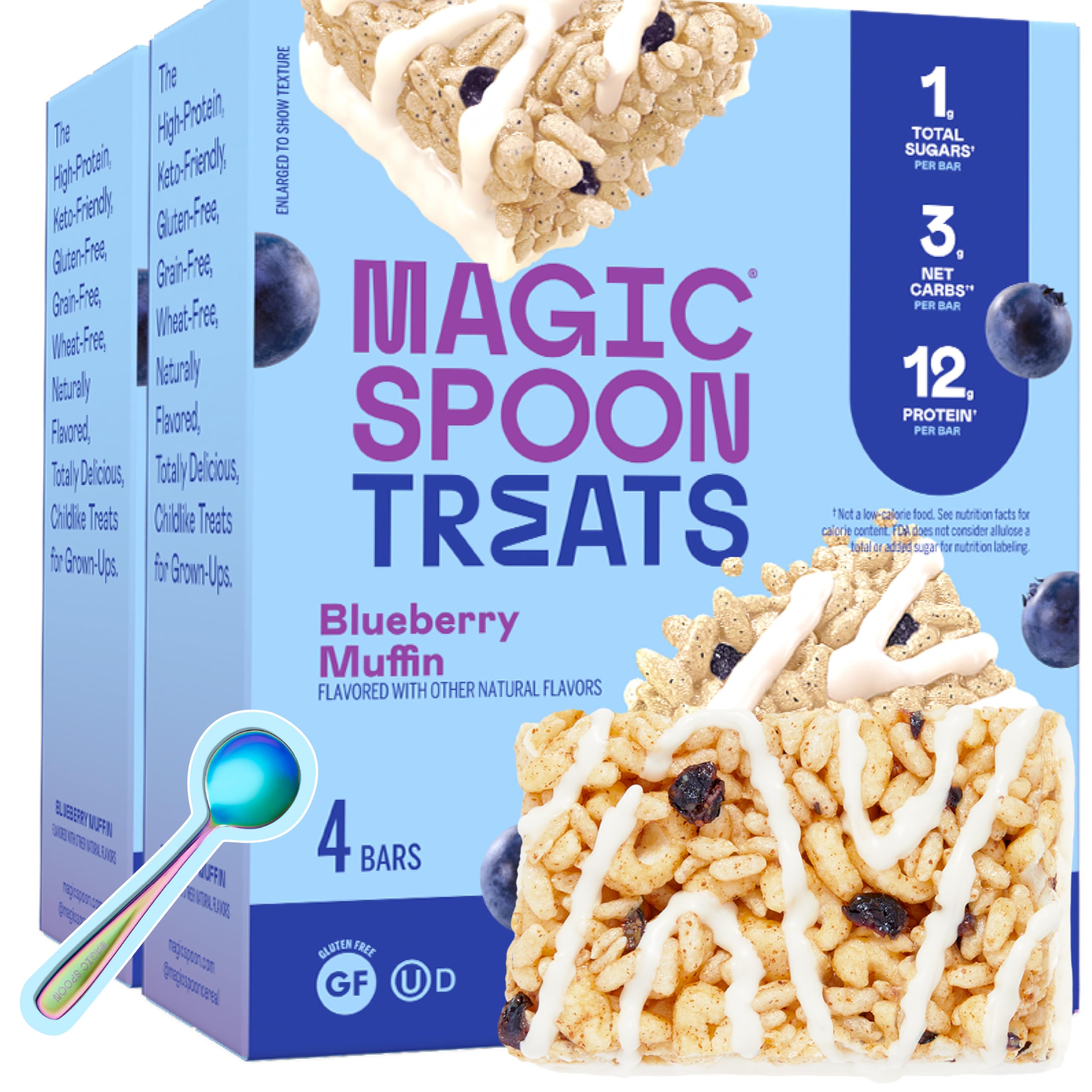 Magic Spoon frente del empaque mostrando 8 barras y facilidad para llevar