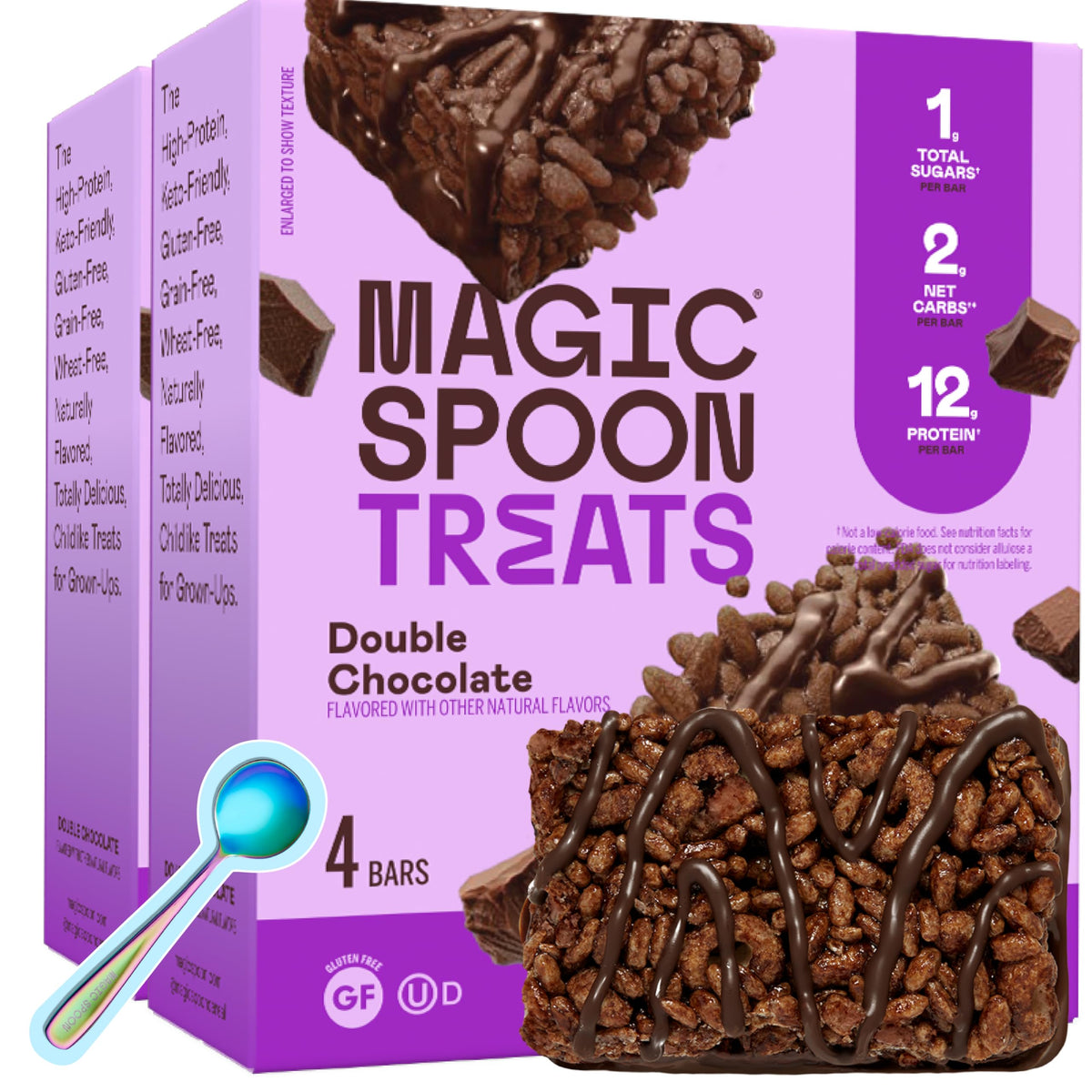 Magic Spoon empaque frontal que muestra barra Double Chocolate y conveniencia