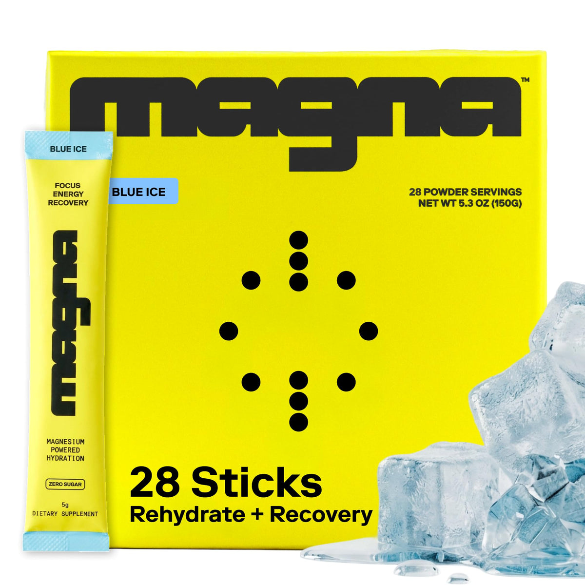 MAGNA empaque frontal Blue Ice mostrando diseño y porciones para hidratación rápida