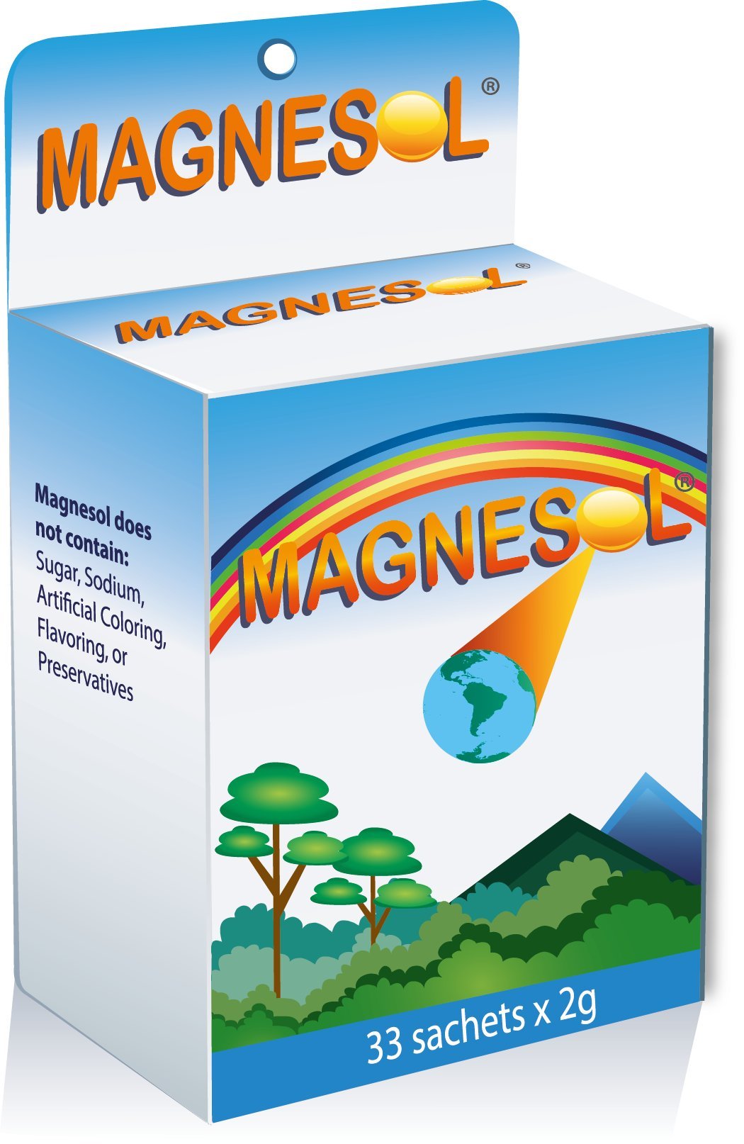 Magnesol frente del paquete mostrando 33 sobres y beneficios claros