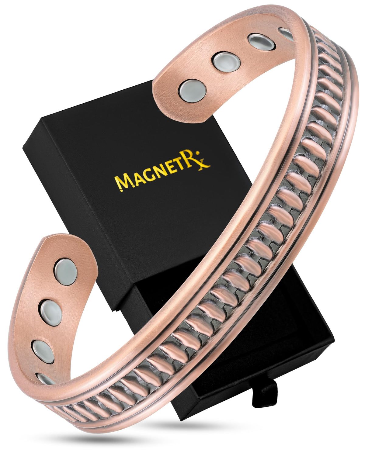 MagnetRX pulsera frontal de cobre mostrando diseño robusto y acabado elegante