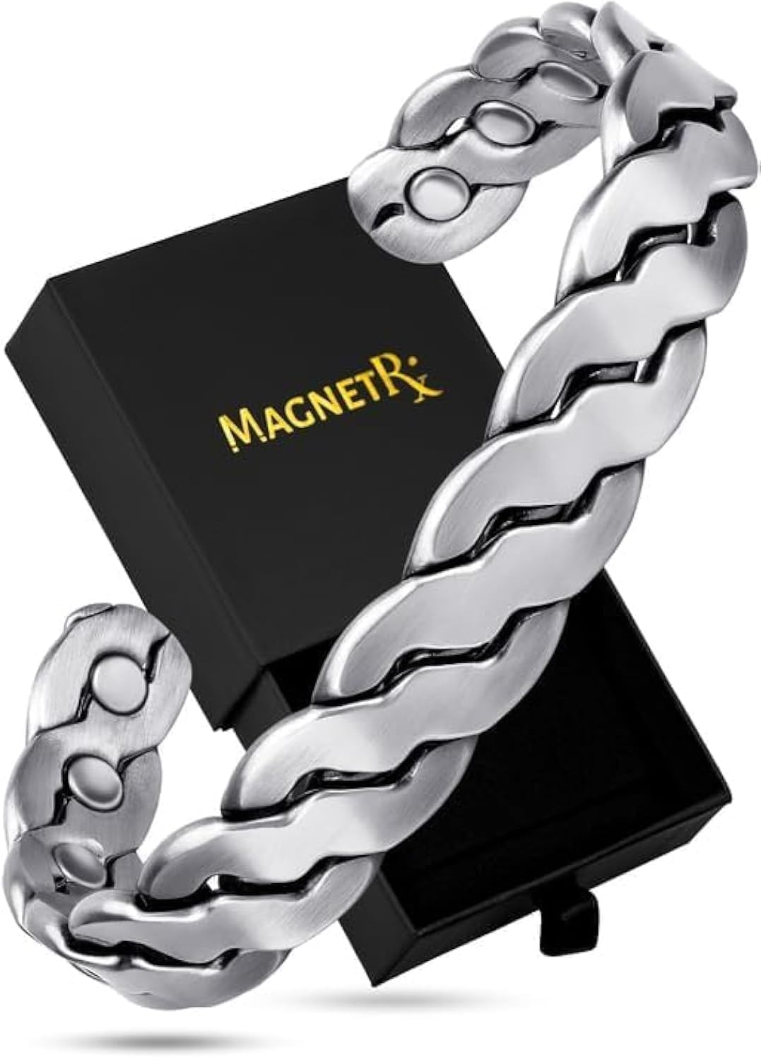 MagnetRX brazalete frontal plateado mostrando diseño elegante y duradero