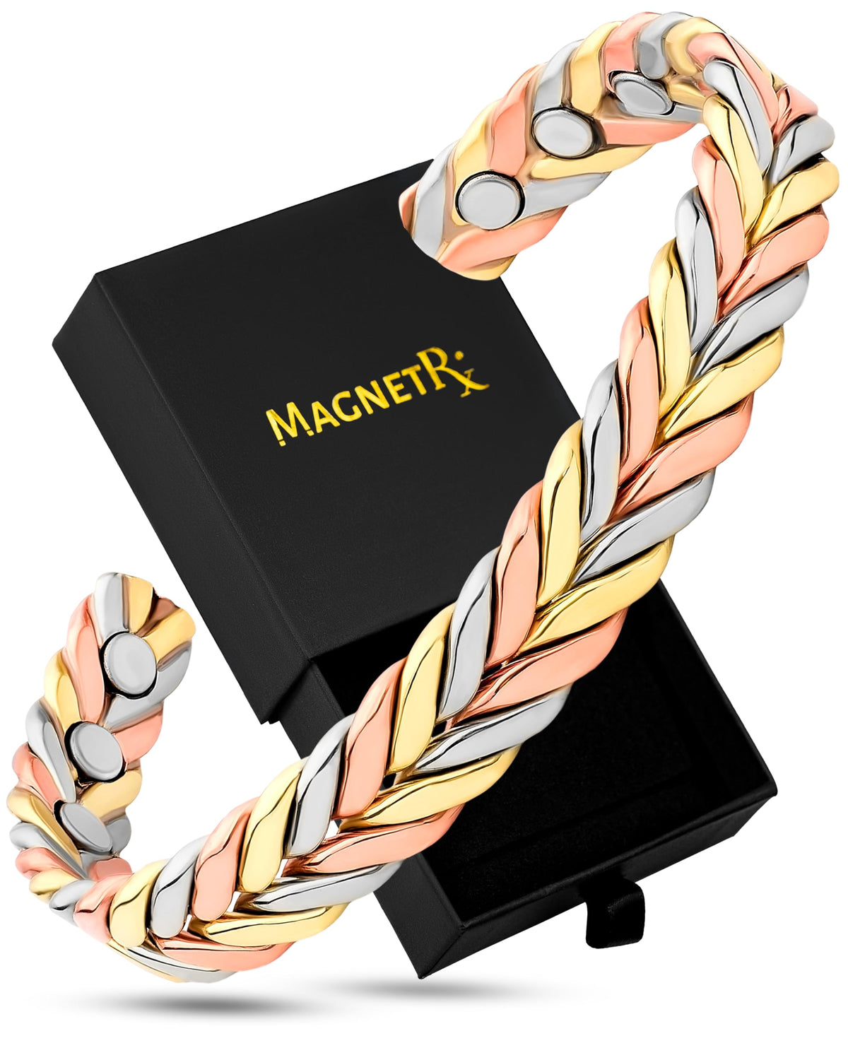 MagnetRX vista frontal del brazalete trenzado mostrando acabado tri‑color y elegancia