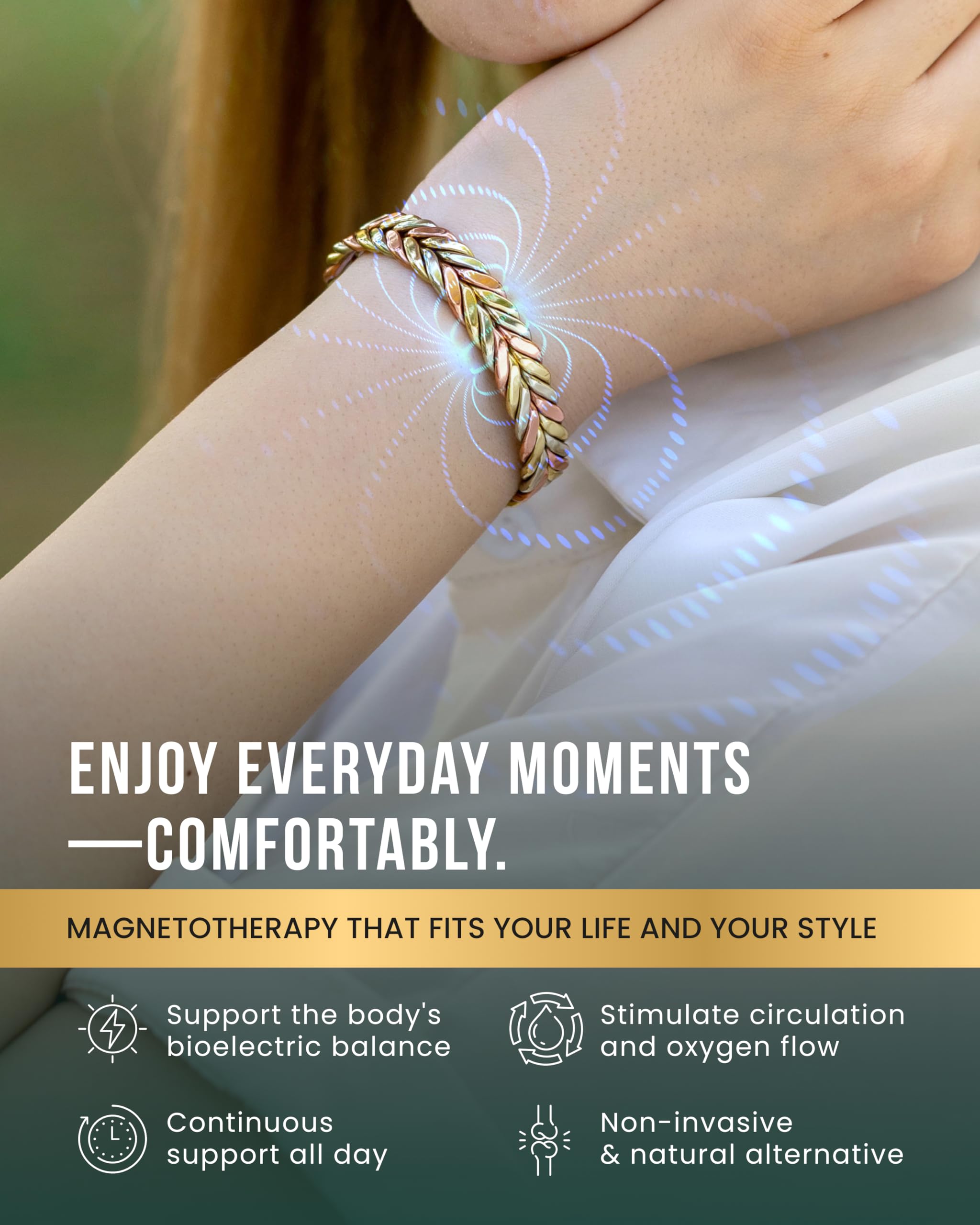 MagnetRX brazalete abierto mostrando el ajuste fácil y comodidad al usar