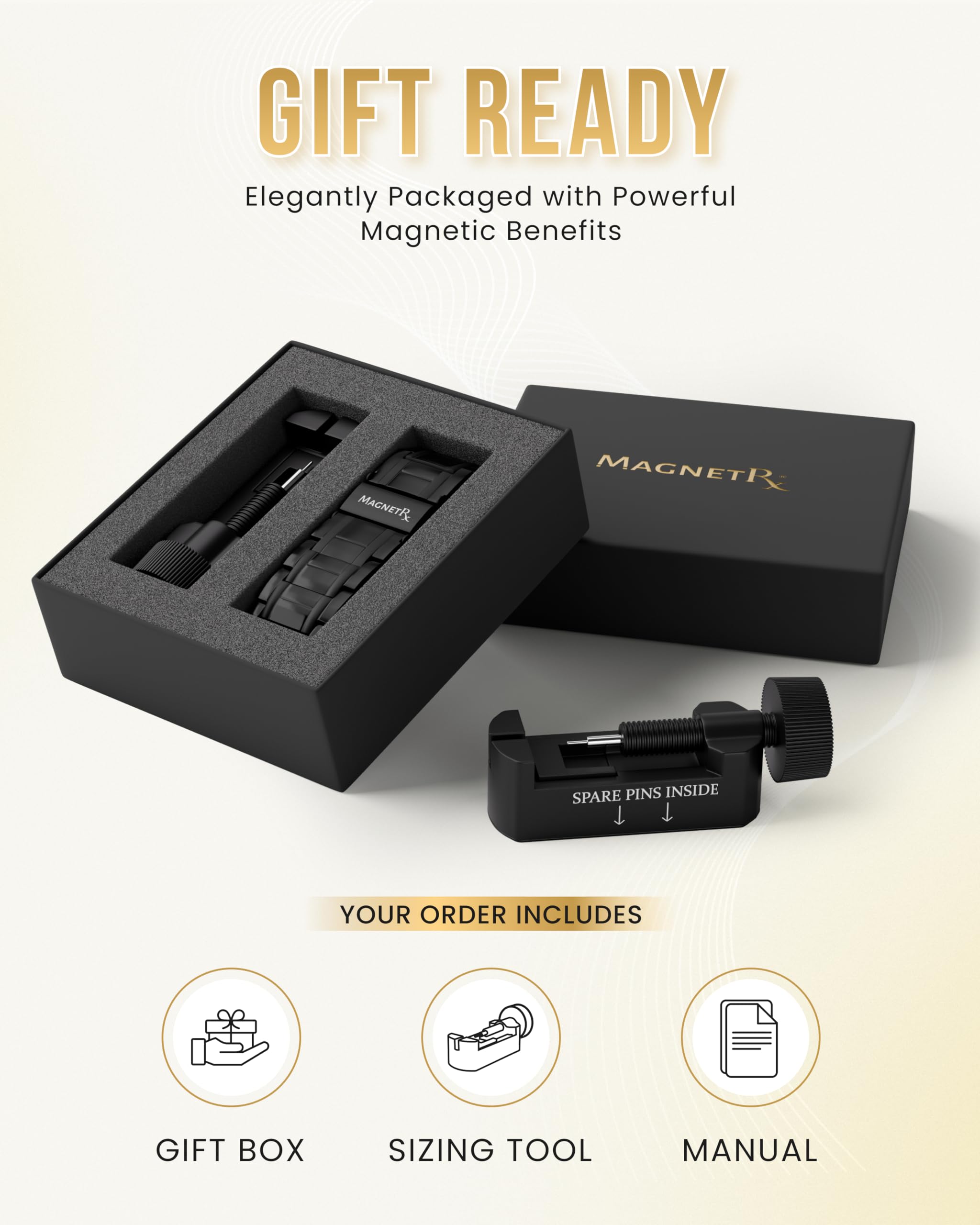 MagnetRX pulsera junto a una regla mostrando longitud y escala real