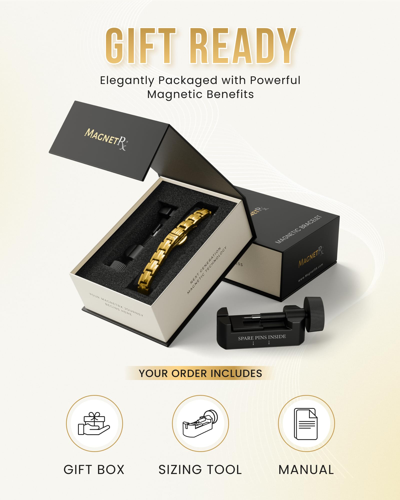 MagnetRX pulsera junto a regla para comparar talla y ajustar con precisión