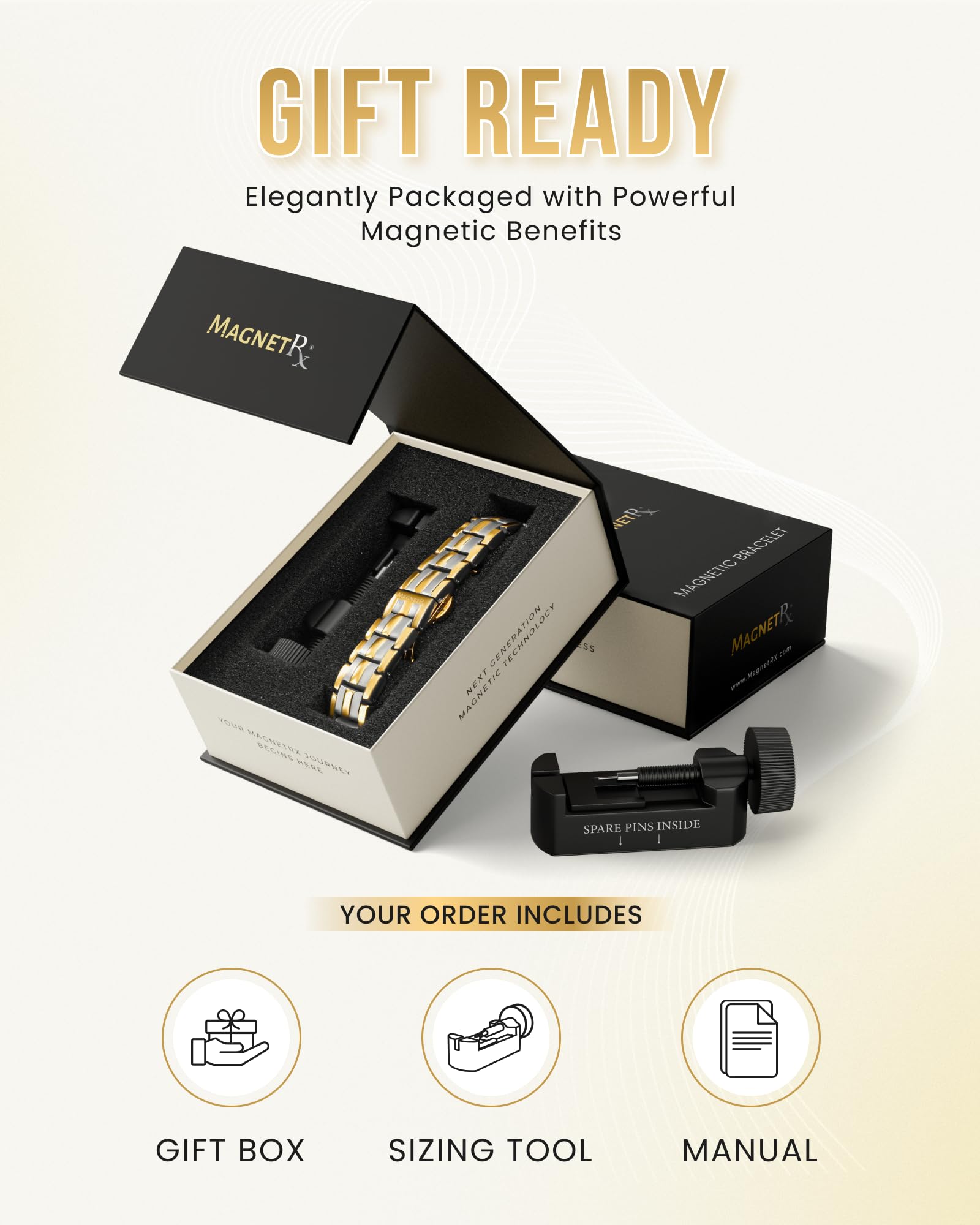 MagnetRX pulsera junto a regla para comparar tamaño y confirmar ajuste