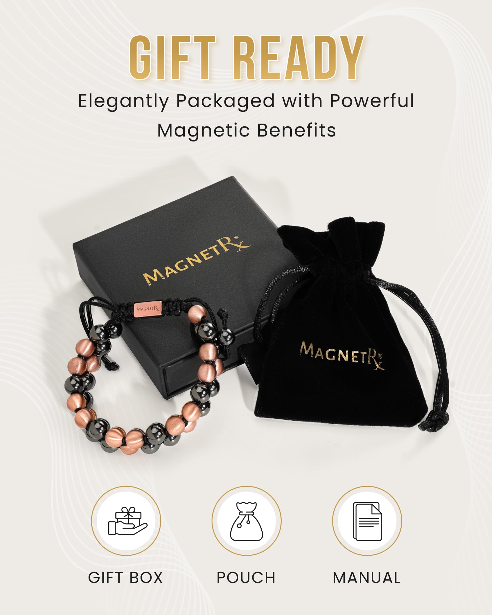 MagnetRX pulsera en muñeca de hombre demostrando ajuste unisex y presencia