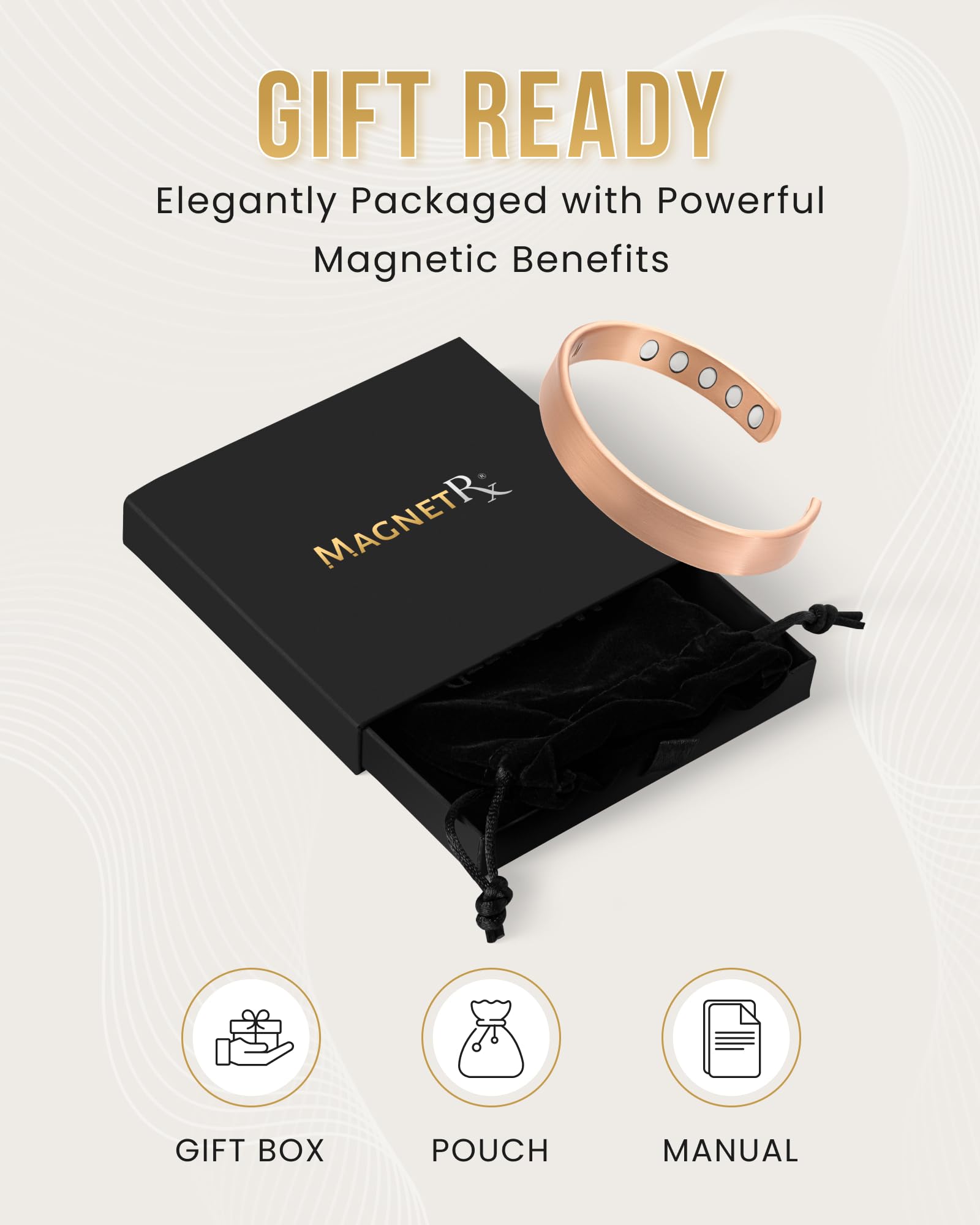 MagnetRX manual y embalaje abiertos, incluye guías de cuidado y soporte