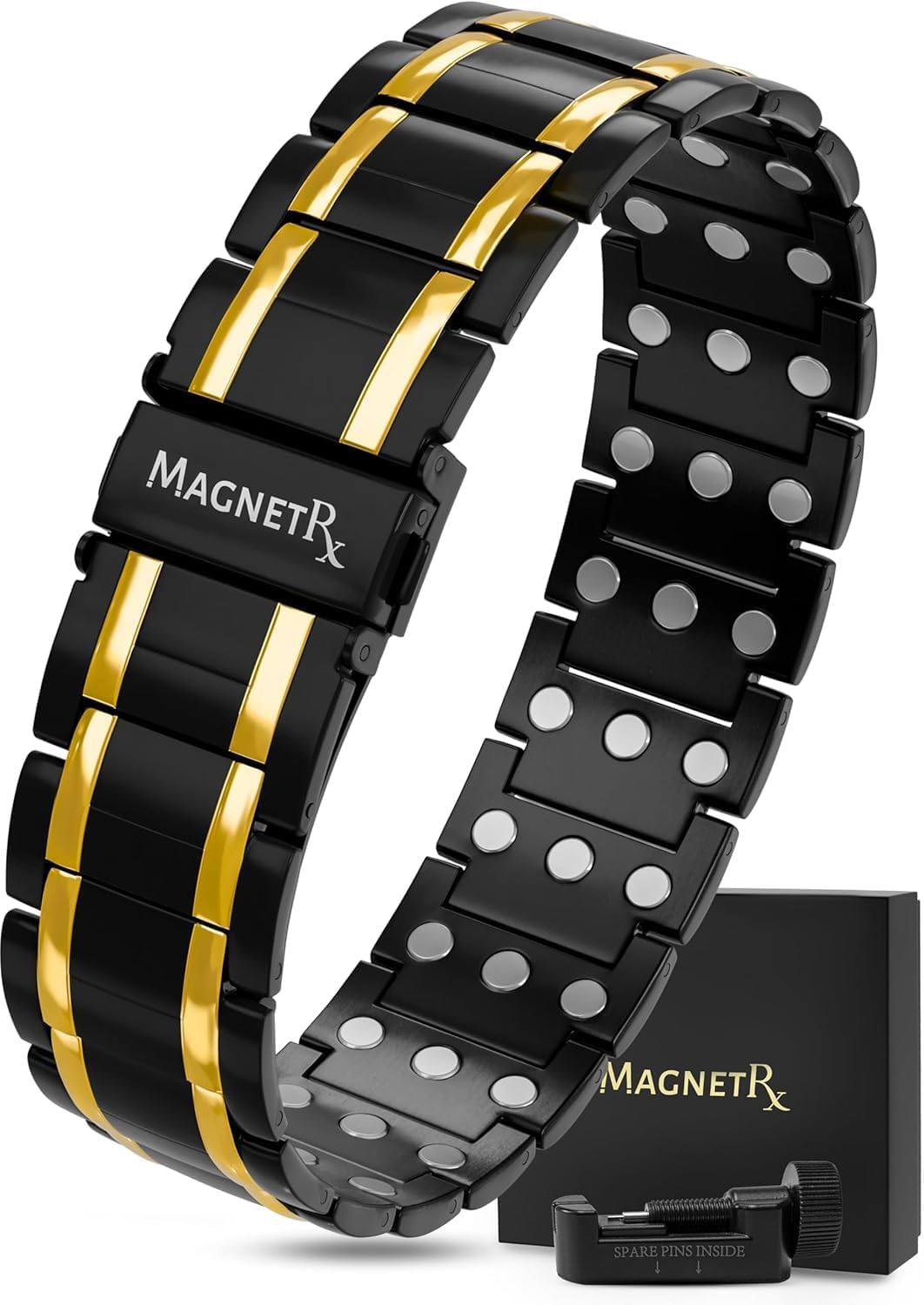 MagnetRX pulsera frontal mostrando diseño elegante y acabado negro dorado