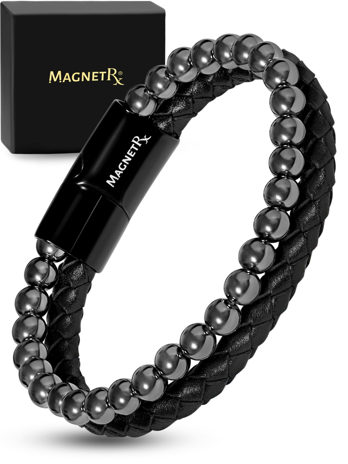 MagnetRX pulsera frontal mostrando cuentas y cierre, aspecto elegante