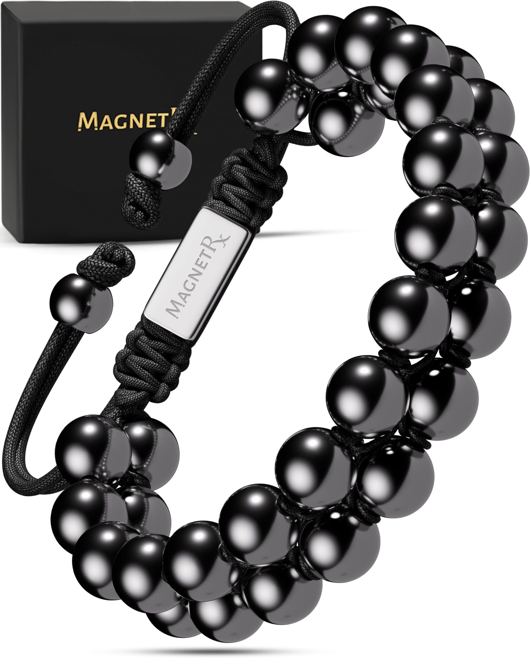MagnetRX pulsera frontal mostrando cuentas de hematita y elegancia