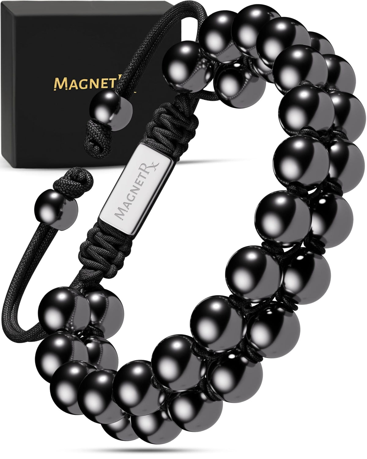 MagnetRX pulsera frontal mostrando cuentas de hematita y elegancia