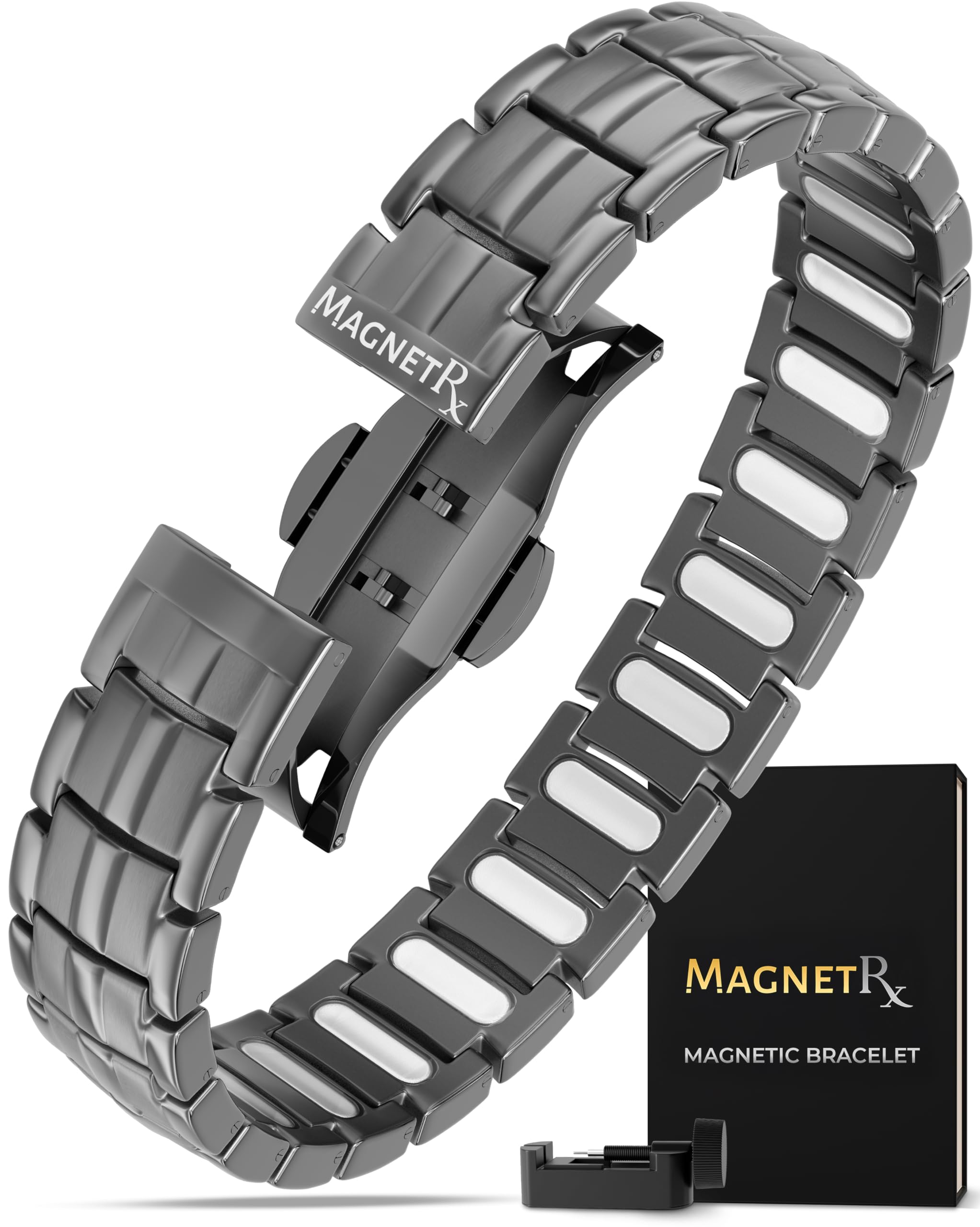 MagnetRX pulsera frontal gunmetal mostrando diseño elegante y beneficio de estilo duradero