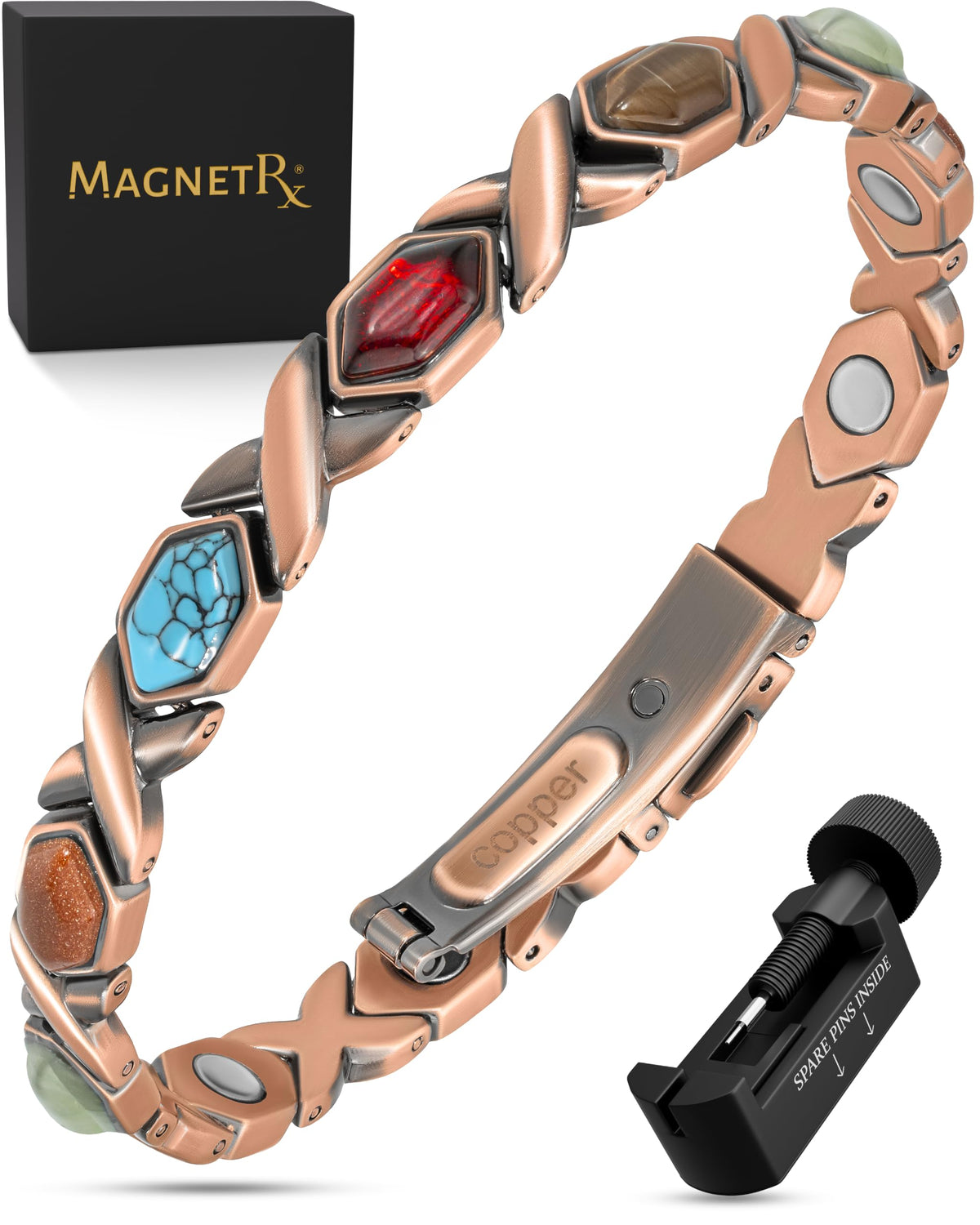 MagnetRX pulsera frontal mostrando piedras y cobre elegante