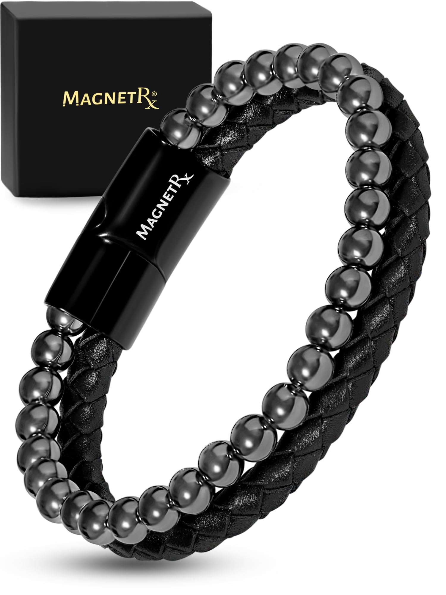 MagnetRX pulsera frontal mostrando cuentas de hematita y cuero, diseño versátil