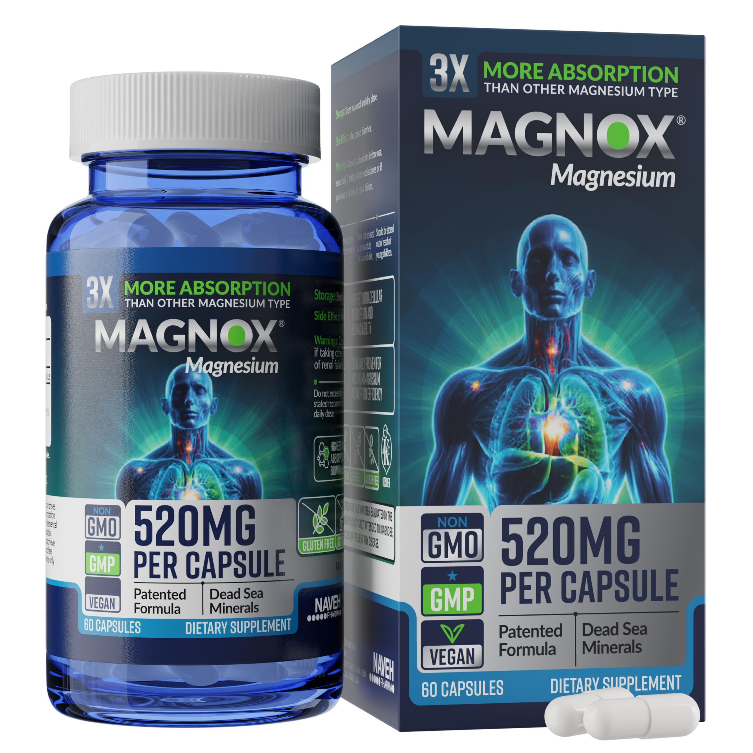 MAGNOX envase frontal mostrando 60 cápsulas y beneficios de alta absorción
