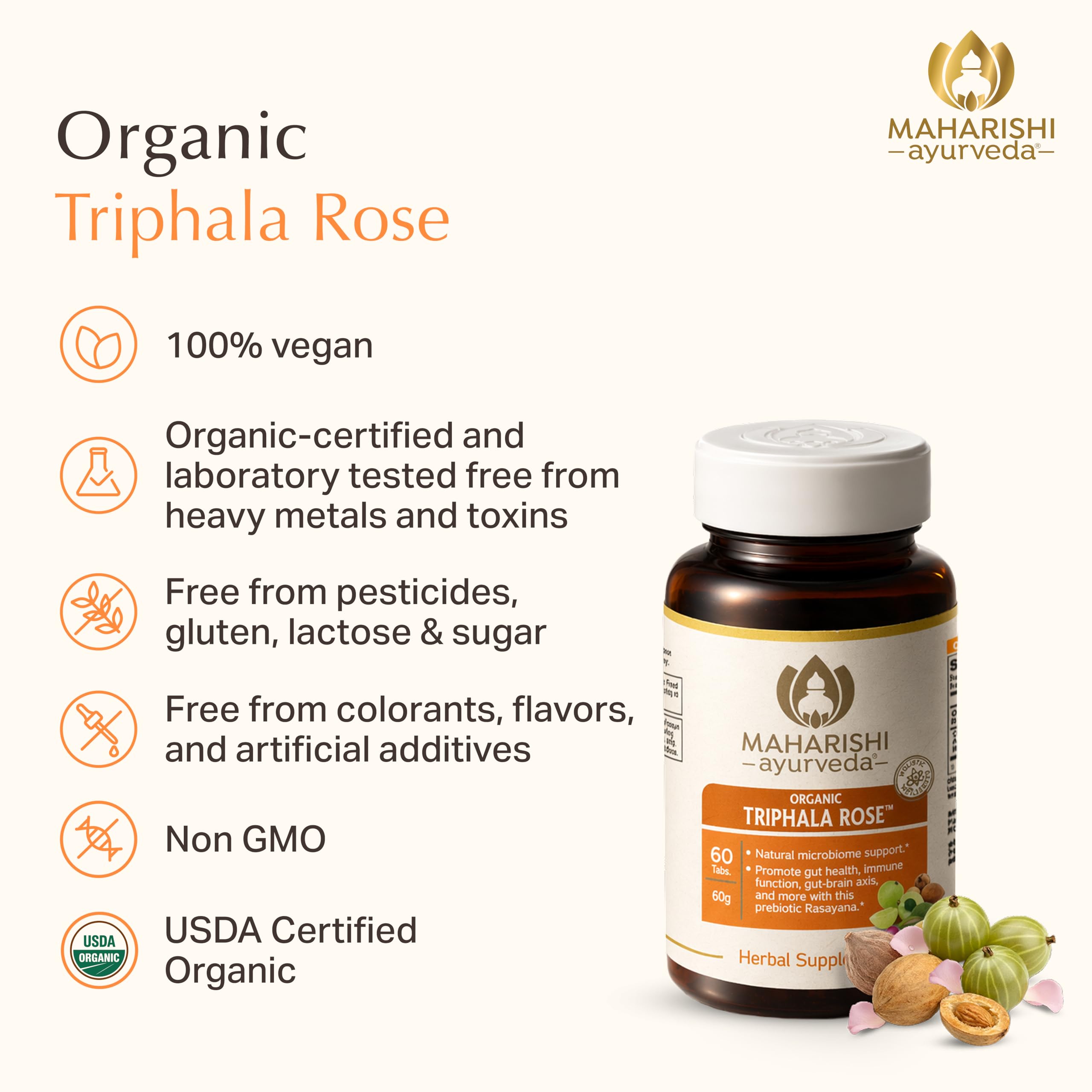 Maharishi Ayurveda Triphala Rose tableta en la mano para comparar tamaño y facilidad de uso