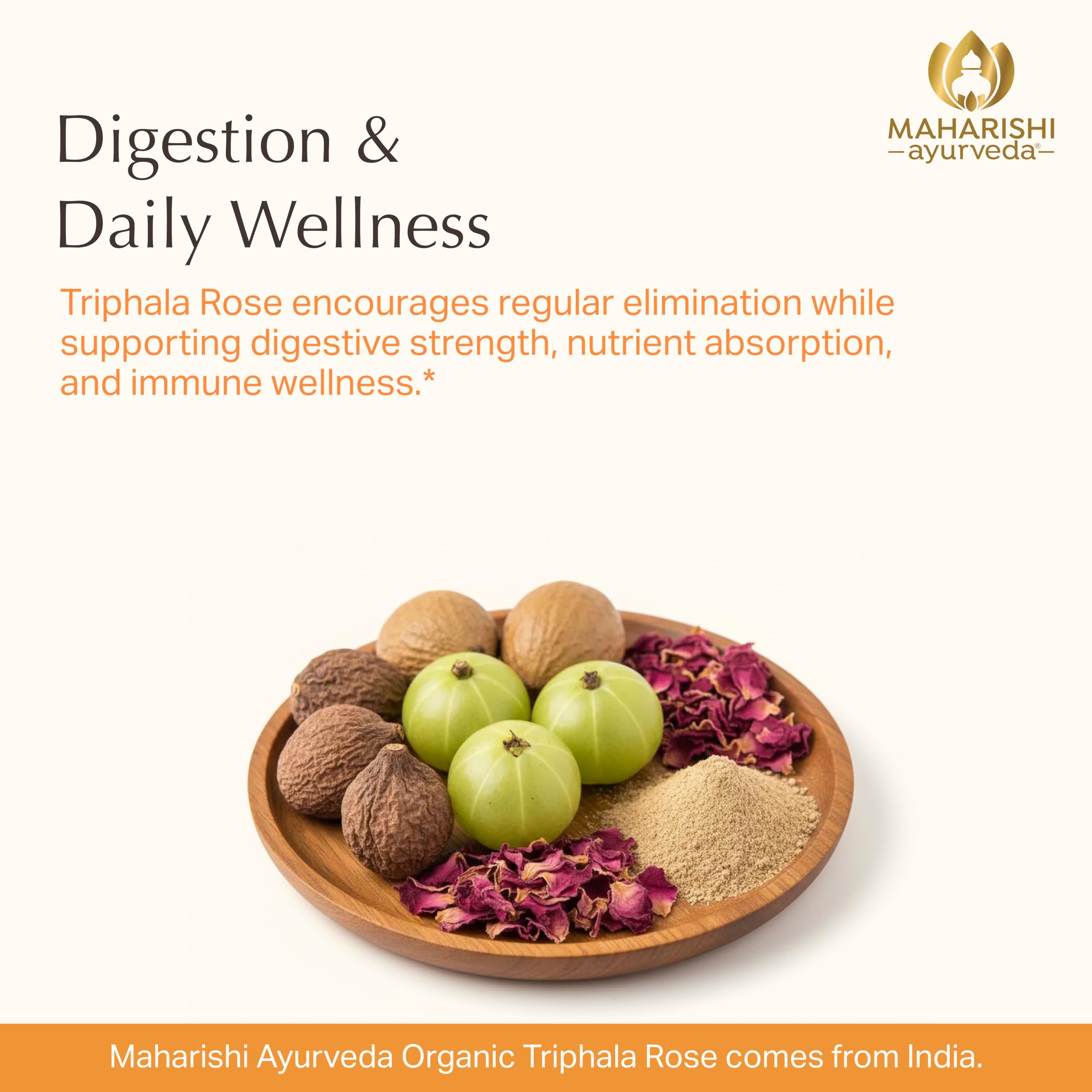 Maharishi Ayurveda Triphala Rose etiqueta con sellos USDA y Non-GMO que aporta confianza