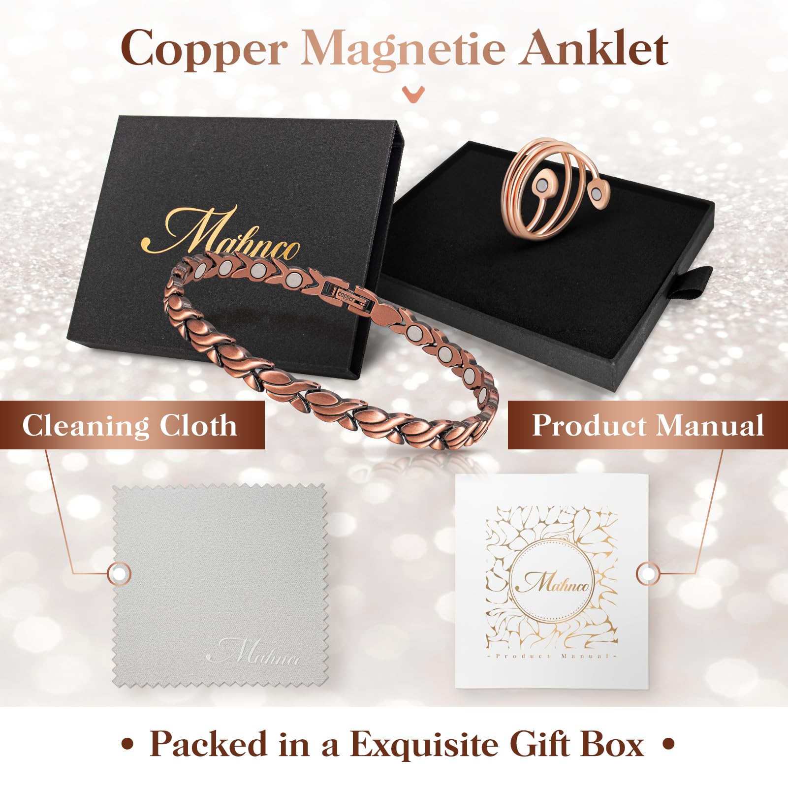 Mahnco caja de regalo presentando la tobillera como obsequio elegante