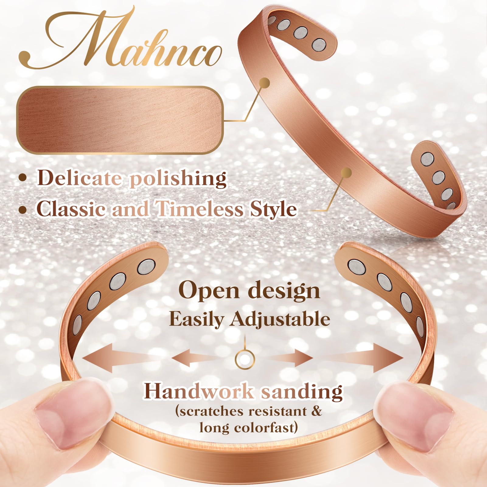 Mahnco pulsera en muñeca de mujer, ajuste cómodo y aspecto diario