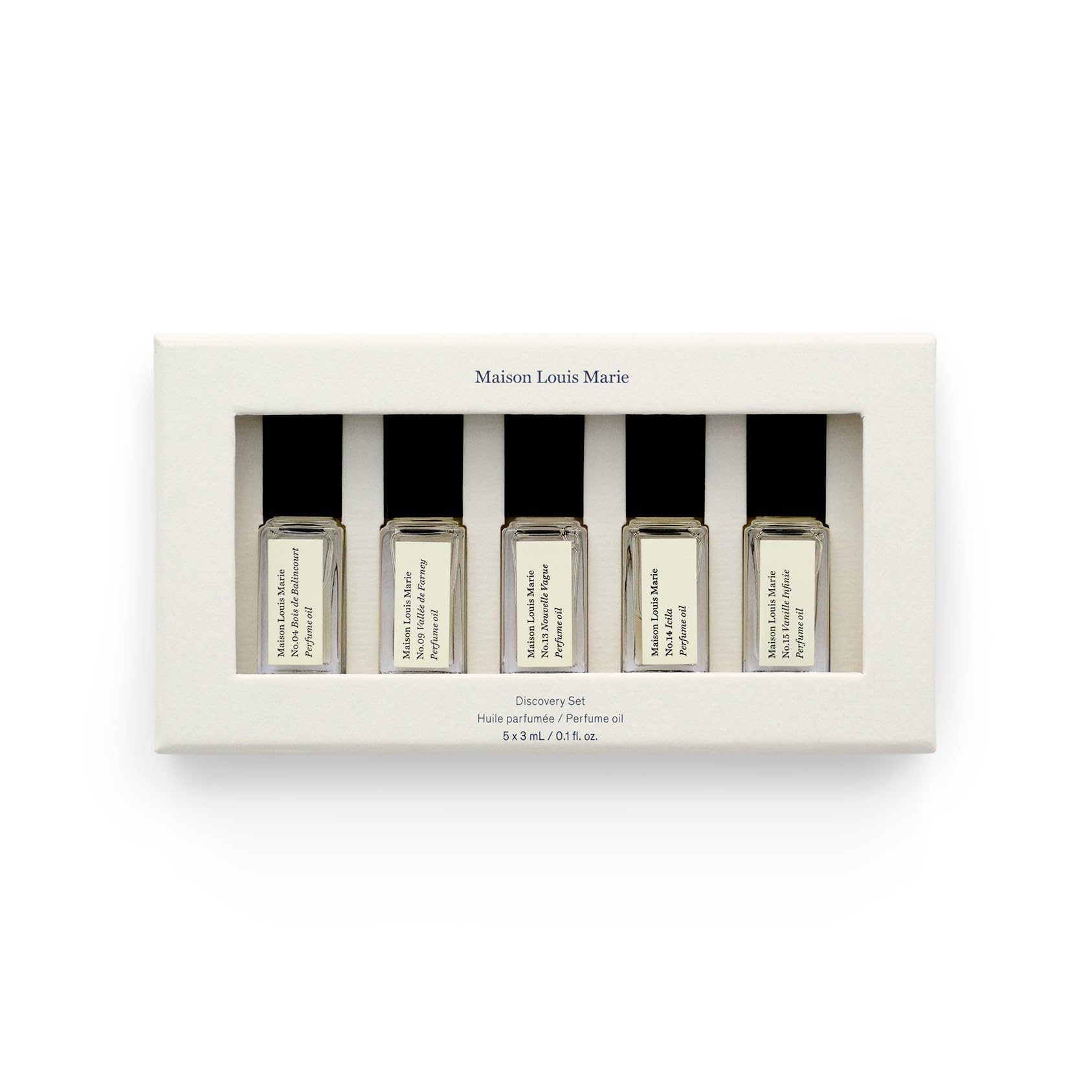 Maison Louis Marie set frente mostrando los cinco roll-on y variedad de aromas