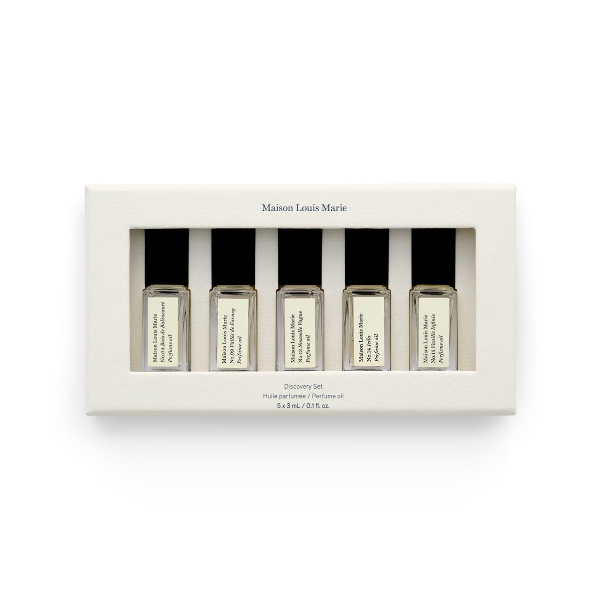 Maison Louis Marie set frente mostrando los cinco roll-on y variedad de aromas