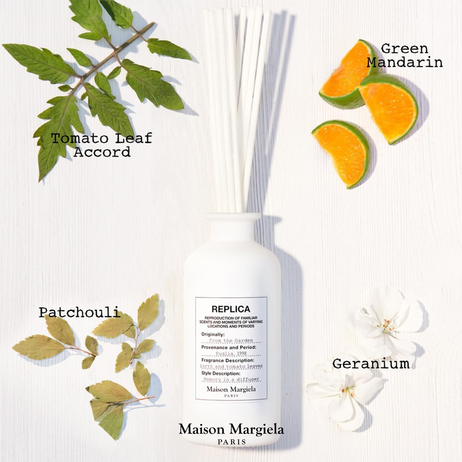 Maison Margiela líquido verde aproximando textura y nota fresca de hoja de tomate