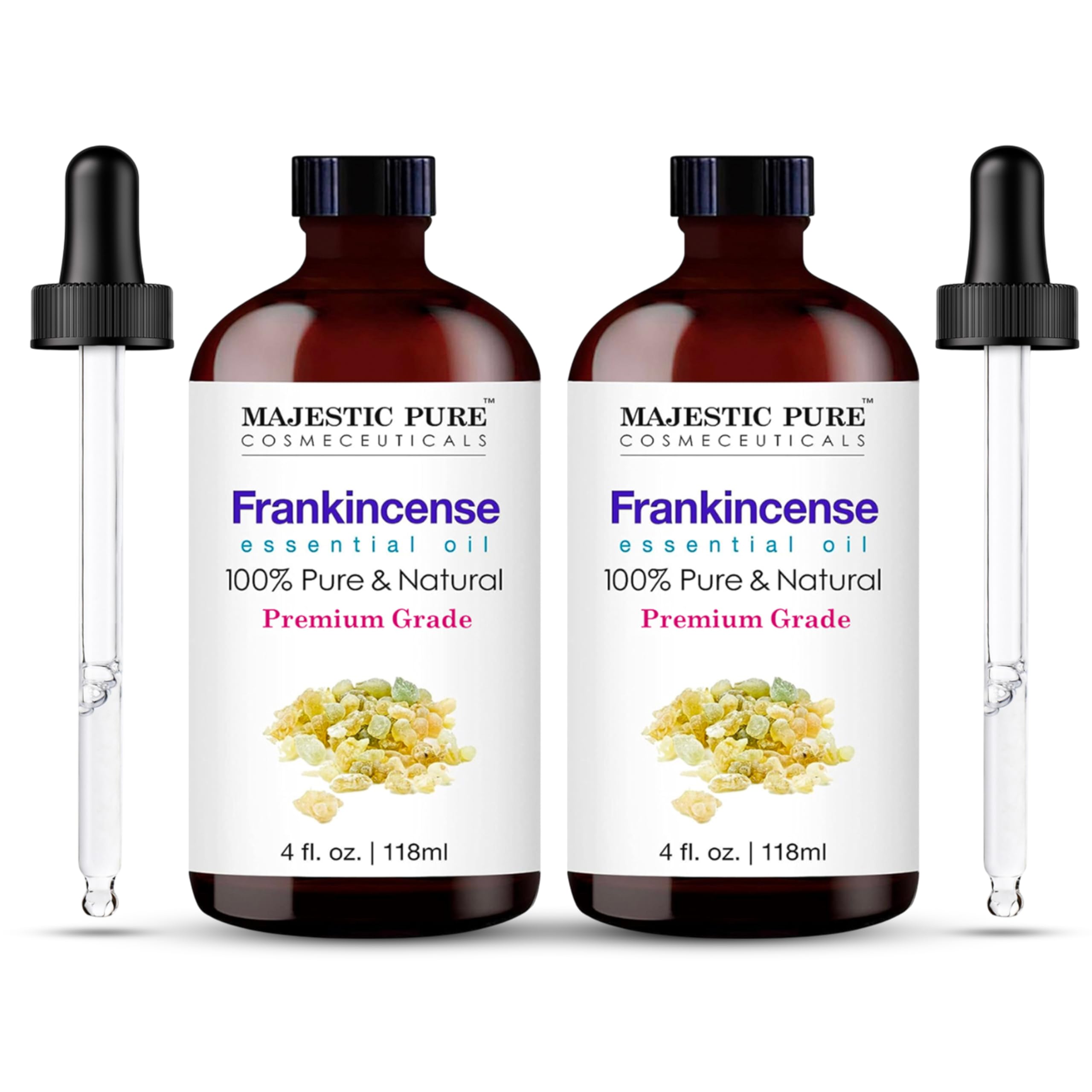 Majestic Pure frasco ámbar frontal mostrando etiquetado y protección UV