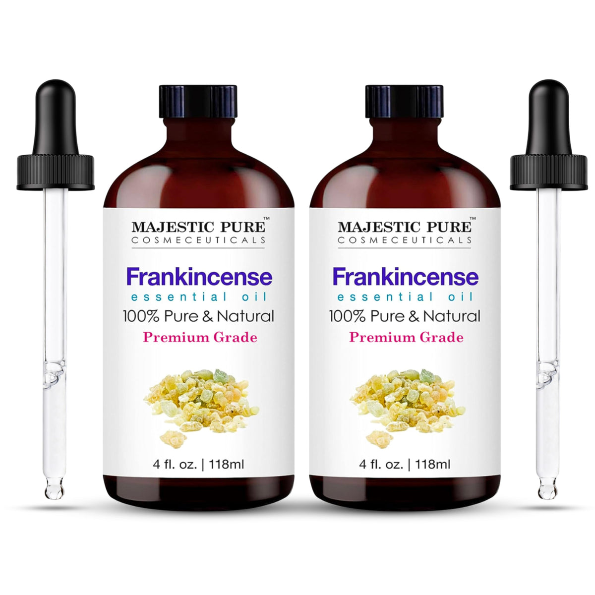 Majestic Pure frasco ámbar frontal mostrando etiquetado y protección UV
