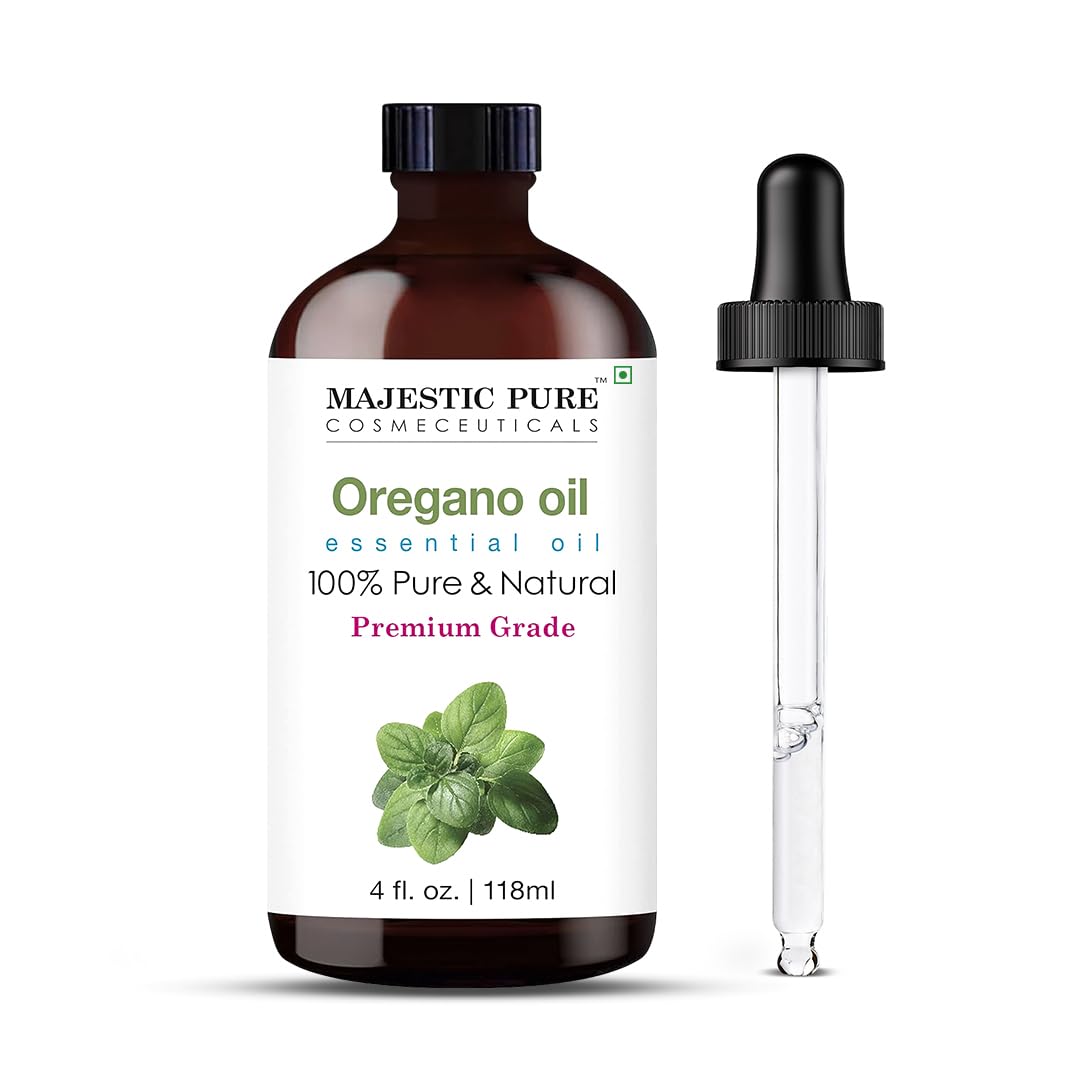 Majestic Pure orégano frasco frontal ámbar que muestra etiqueta y gotero, calidad preservada