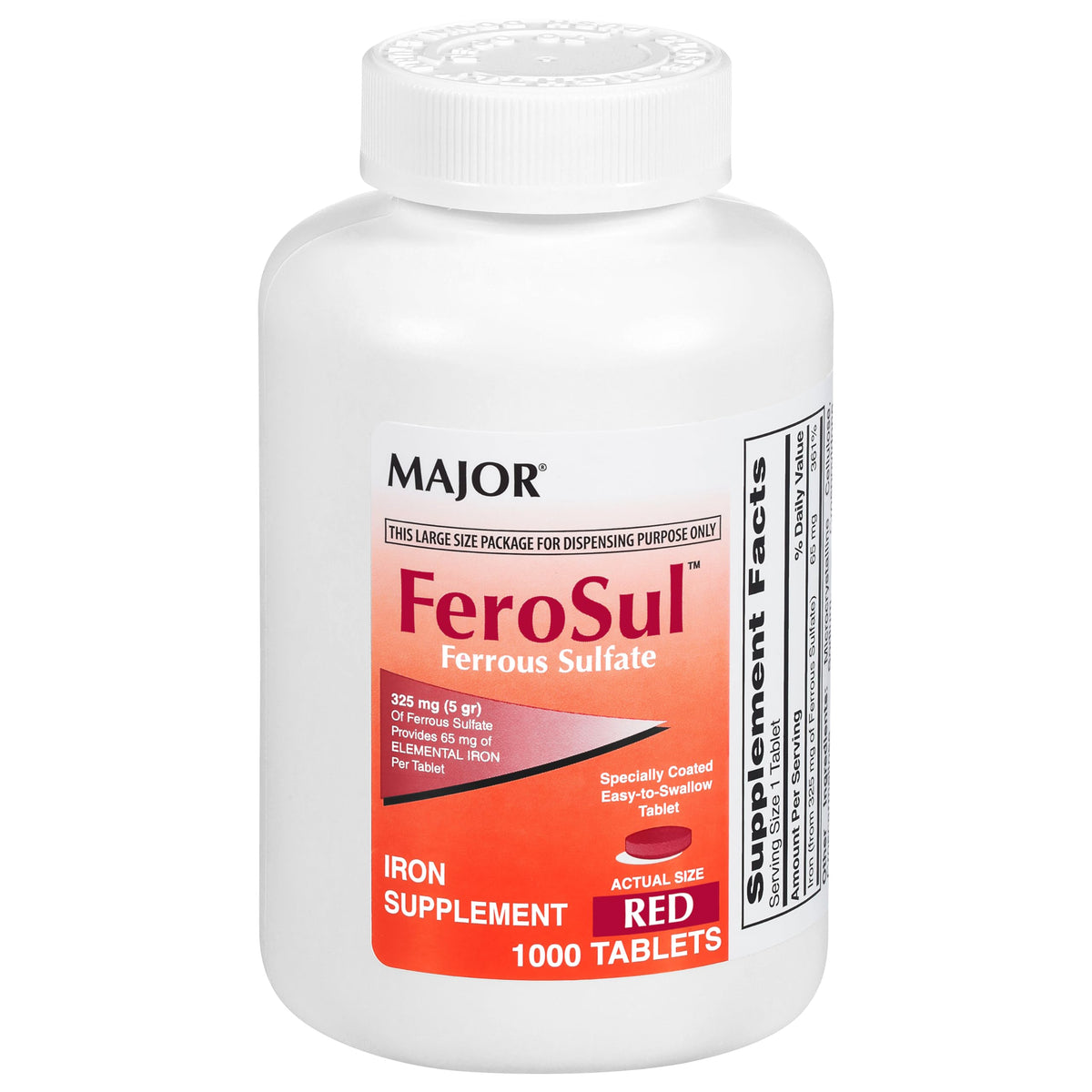 Major FeroSul frasco frontal mostrando 1,000 tabletas y beneficio de almacenamiento prolongado
