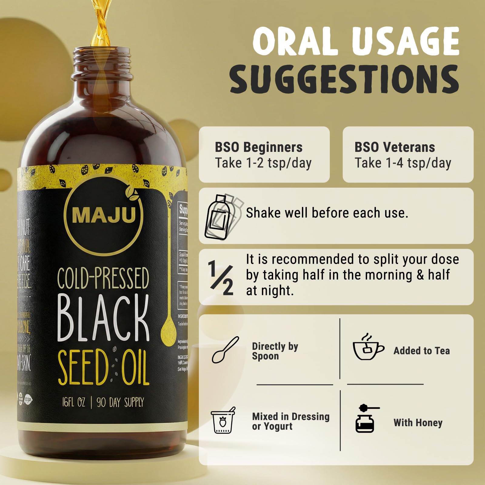 Maju Superfoods botella con miel, combinación para consumo palatable