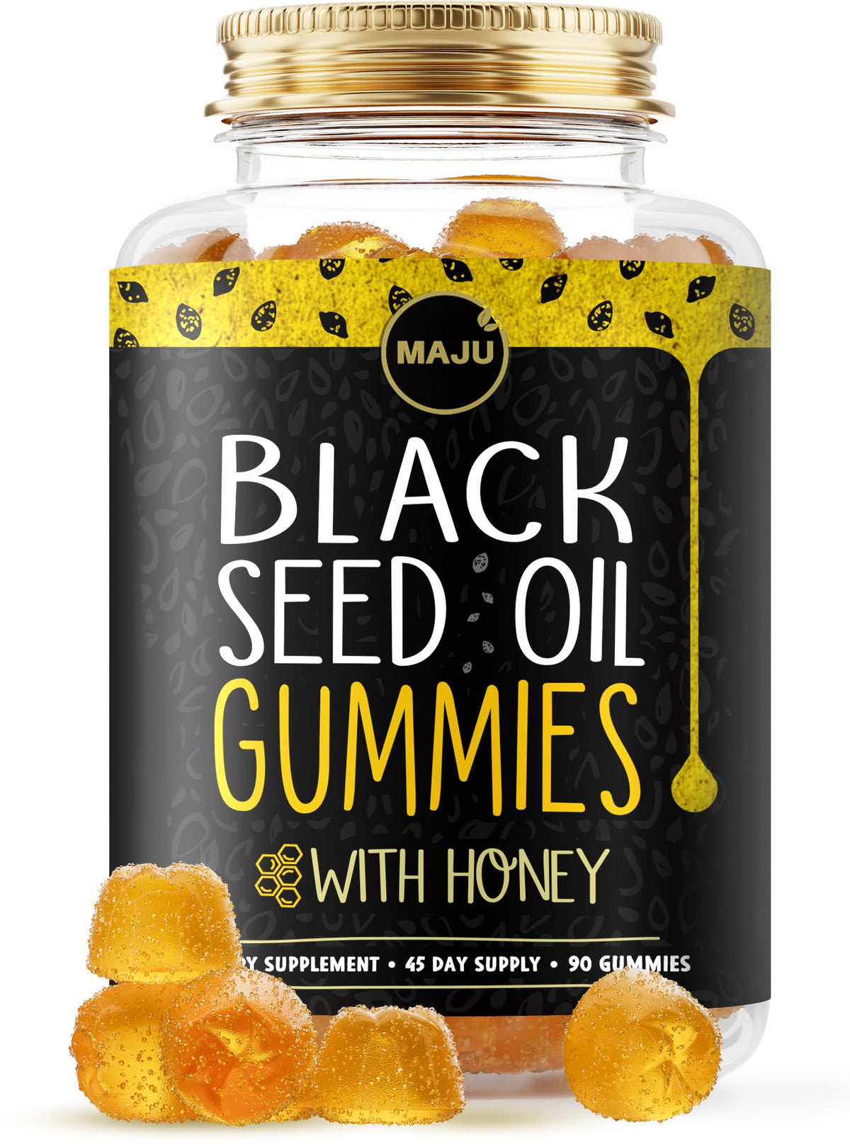 MAJU gominolas frente del empaque mostrando dosis y sabor miel