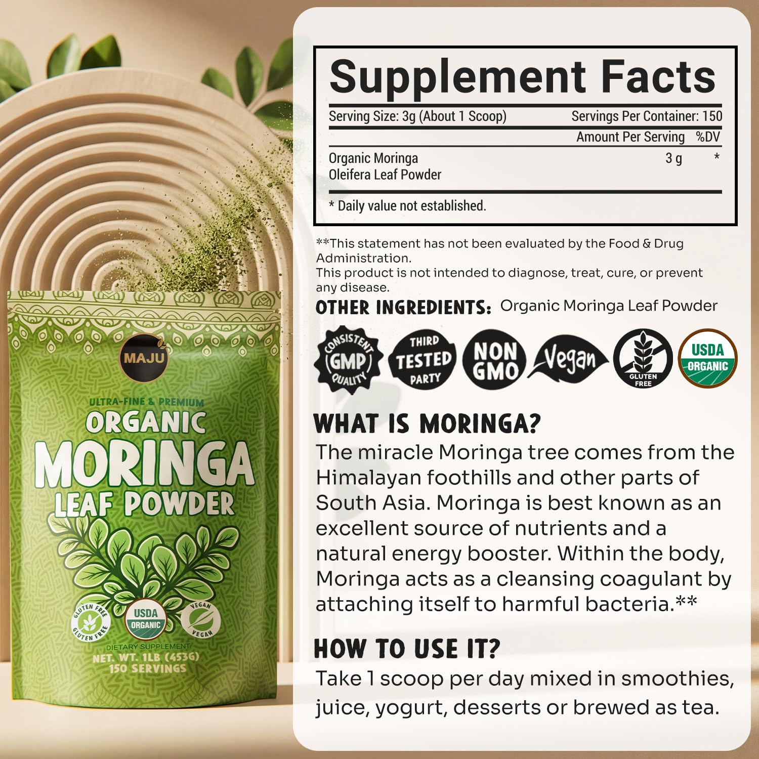Maju Superfoods comparación de tamaño de la libra para calcular uso