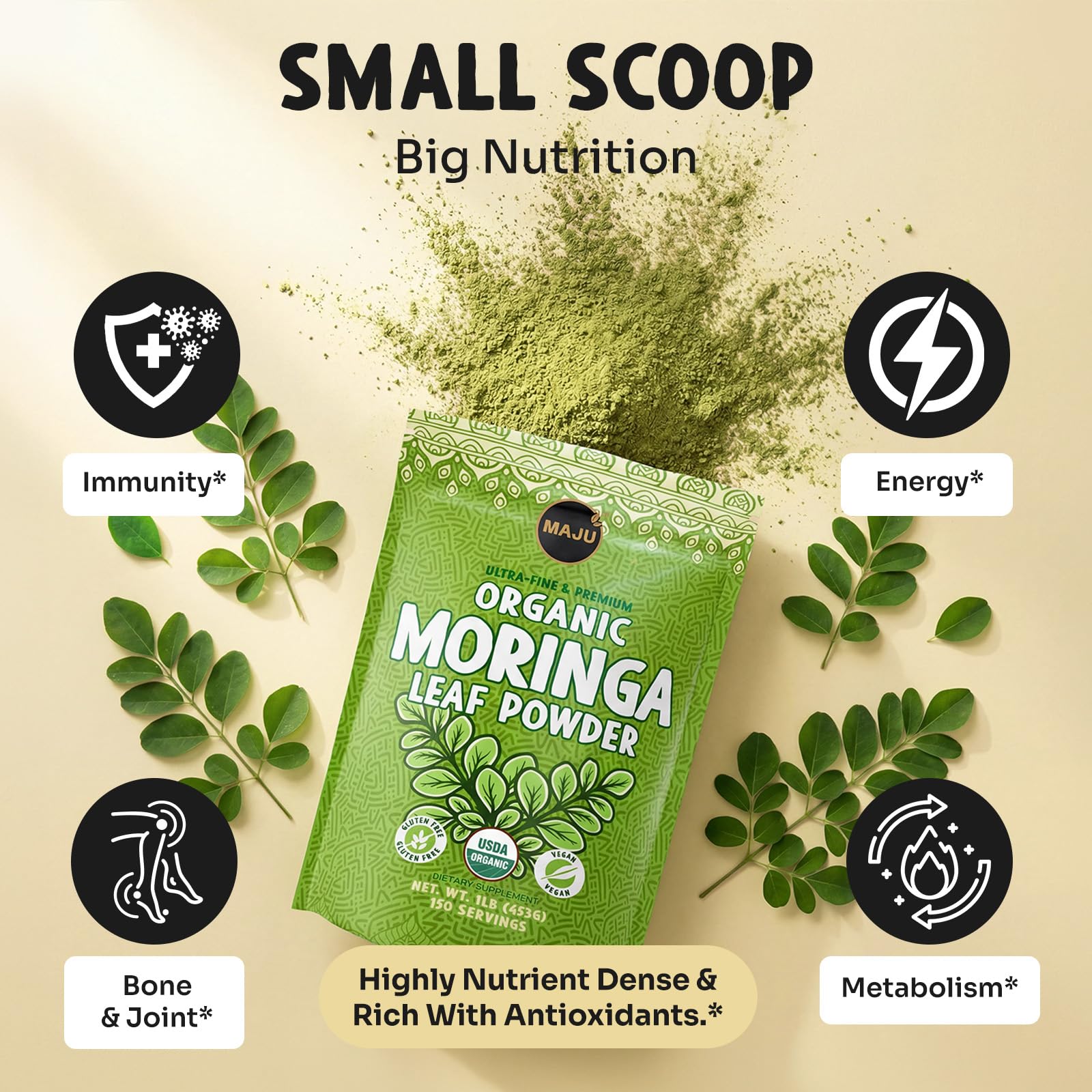 Maju Superfoods cuchara con moringa preparada para dosificar fácil