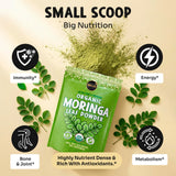 Maju Superfoods cuchara con moringa preparada para dosificar fácil