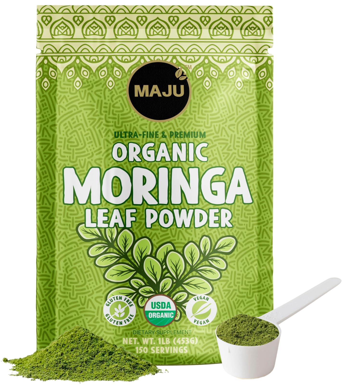 Maju Superfoods frente del empaque muestra pureza y formato de una libra