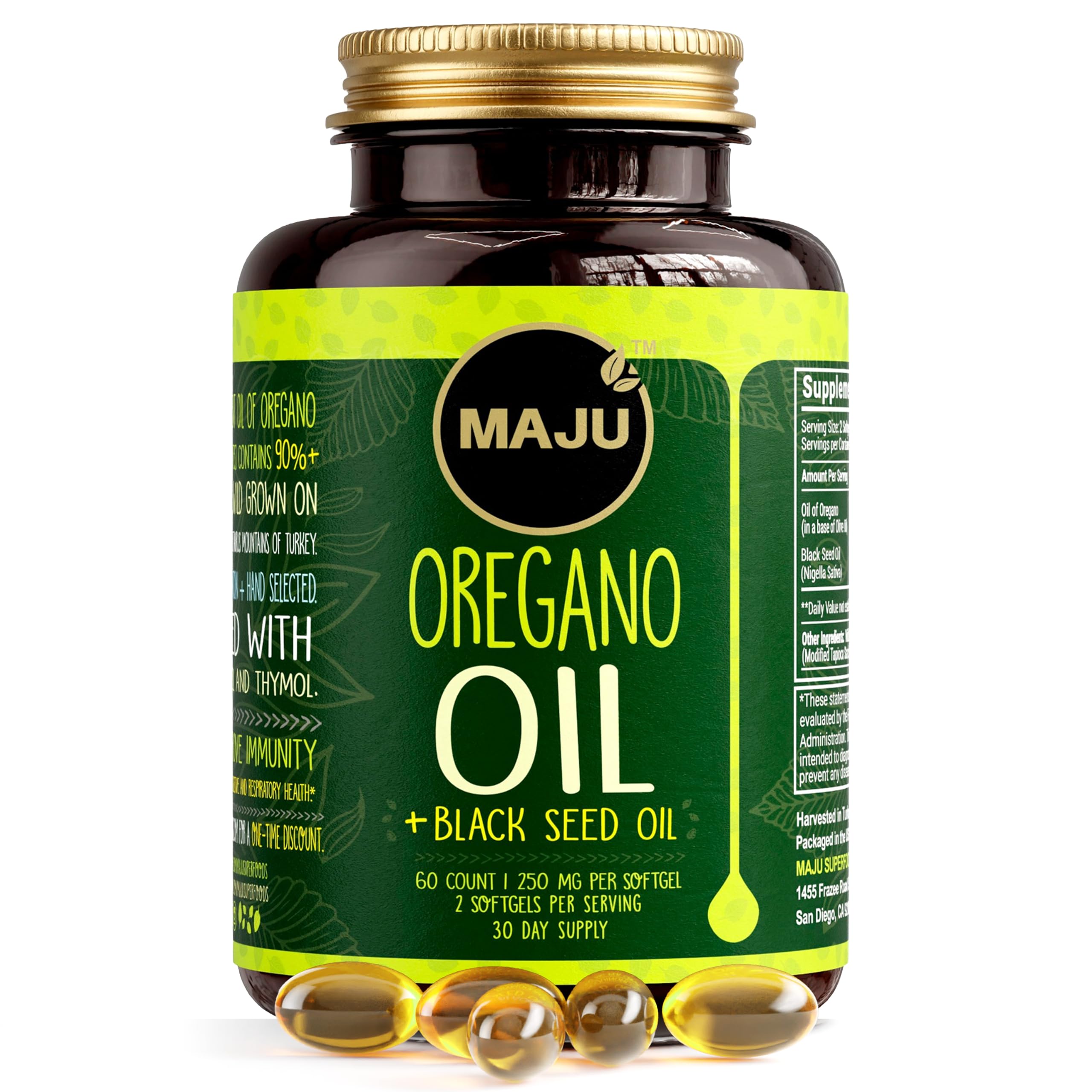 Maju Superfoods frasco frontal mostrando cápsulas y sello de calidad