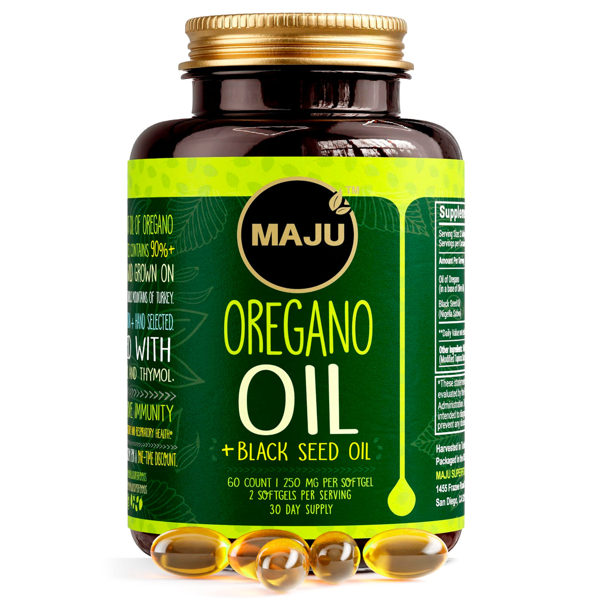 Maju Superfoods frasco frontal mostrando cápsulas y sello de calidad