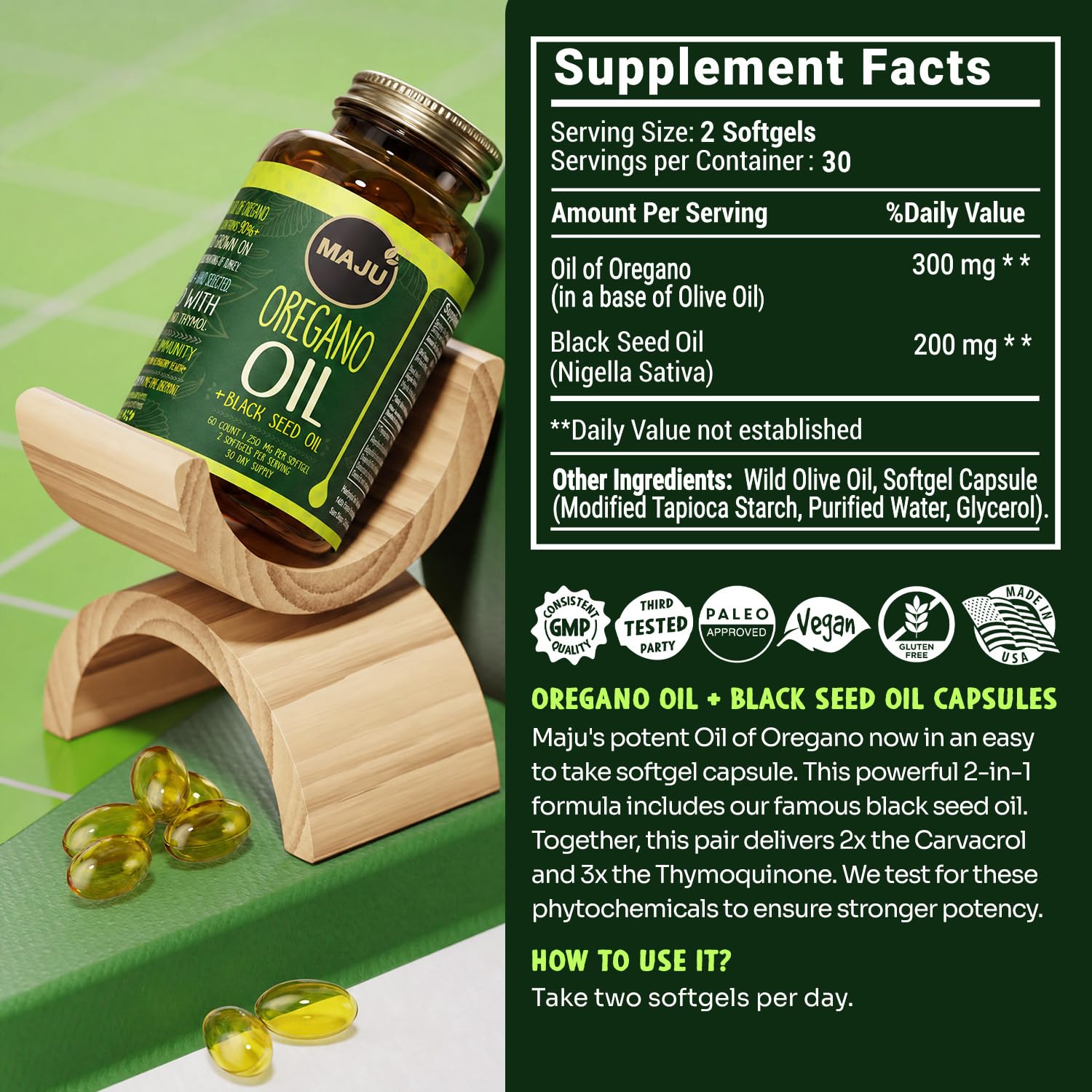 Maju Superfoods cápsulas junto a desayuno saludable representando uso cotidiano