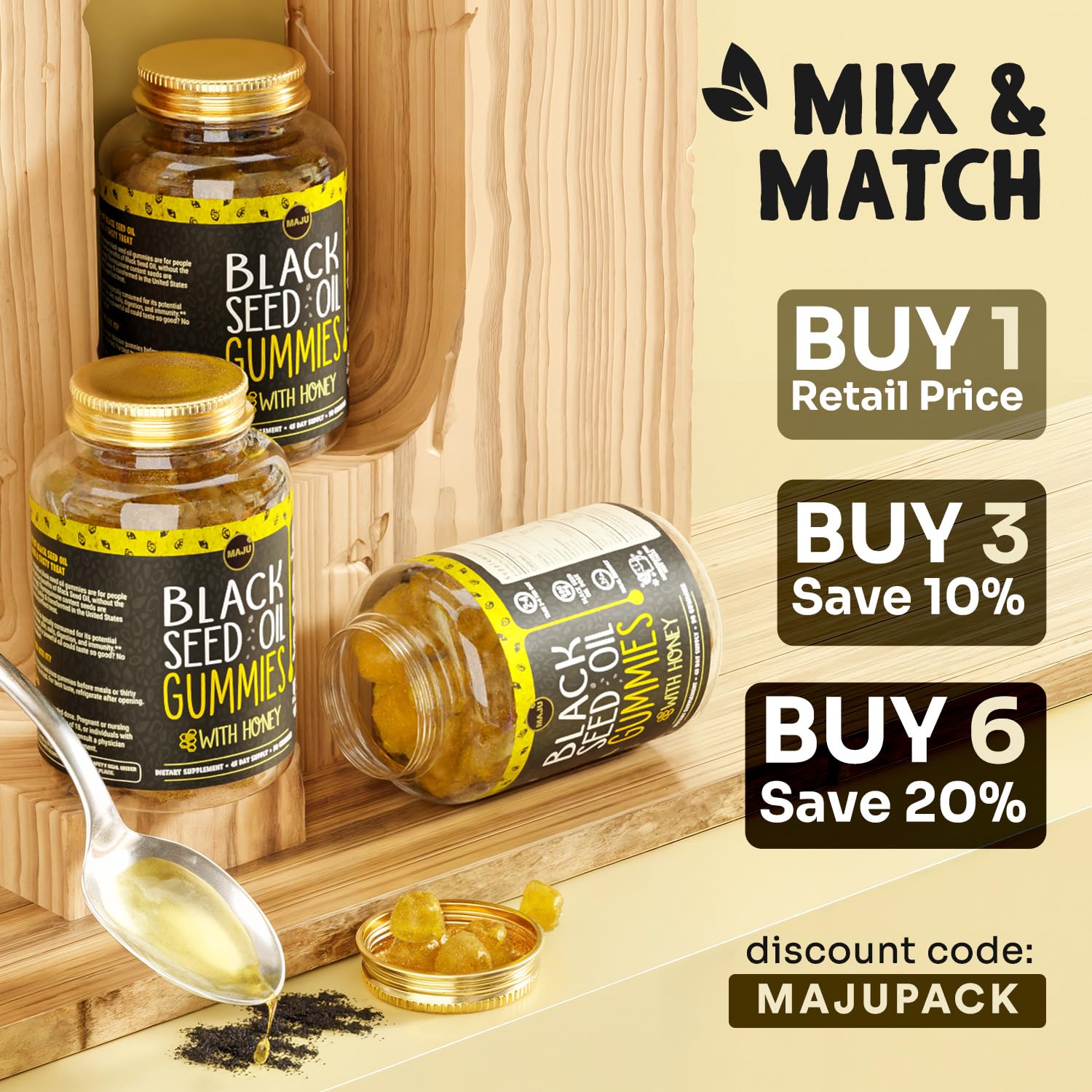 MAJU gominolas junto a miel enfatizando sabor natural y agradable