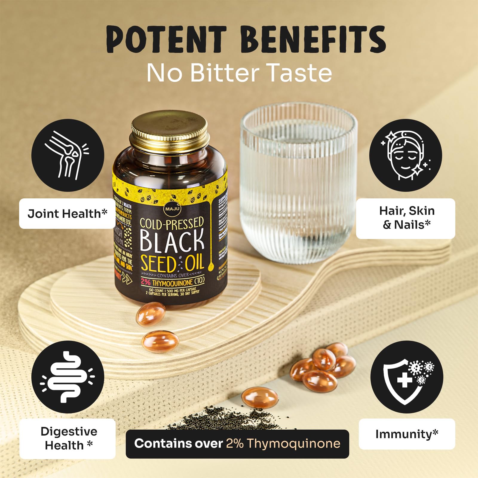 Maju Superfoods frasco junto a objetos para comparar tamaño práctico
