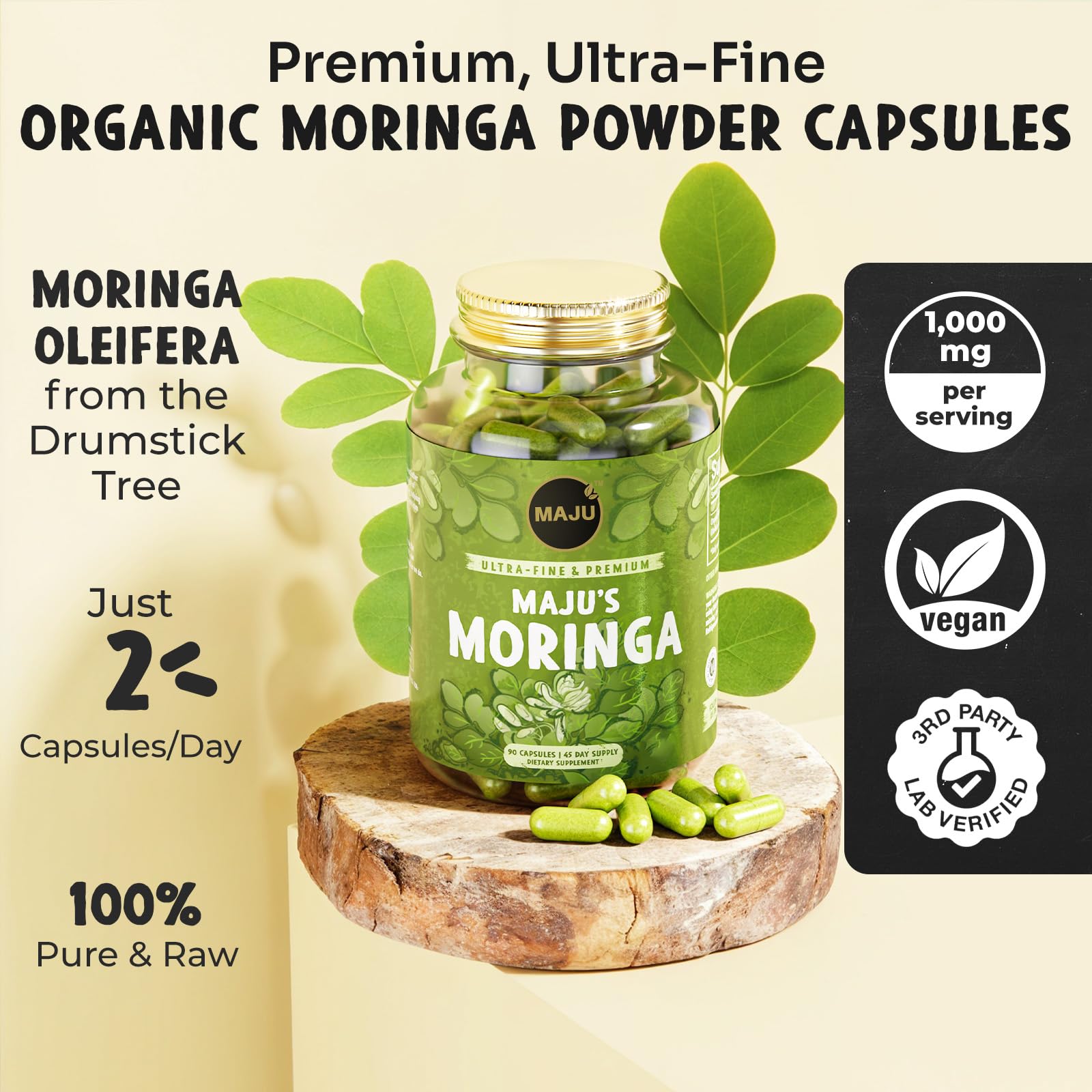 Maju Superfoods cápsulas abiertas con polvo verde extra-fino y pureza