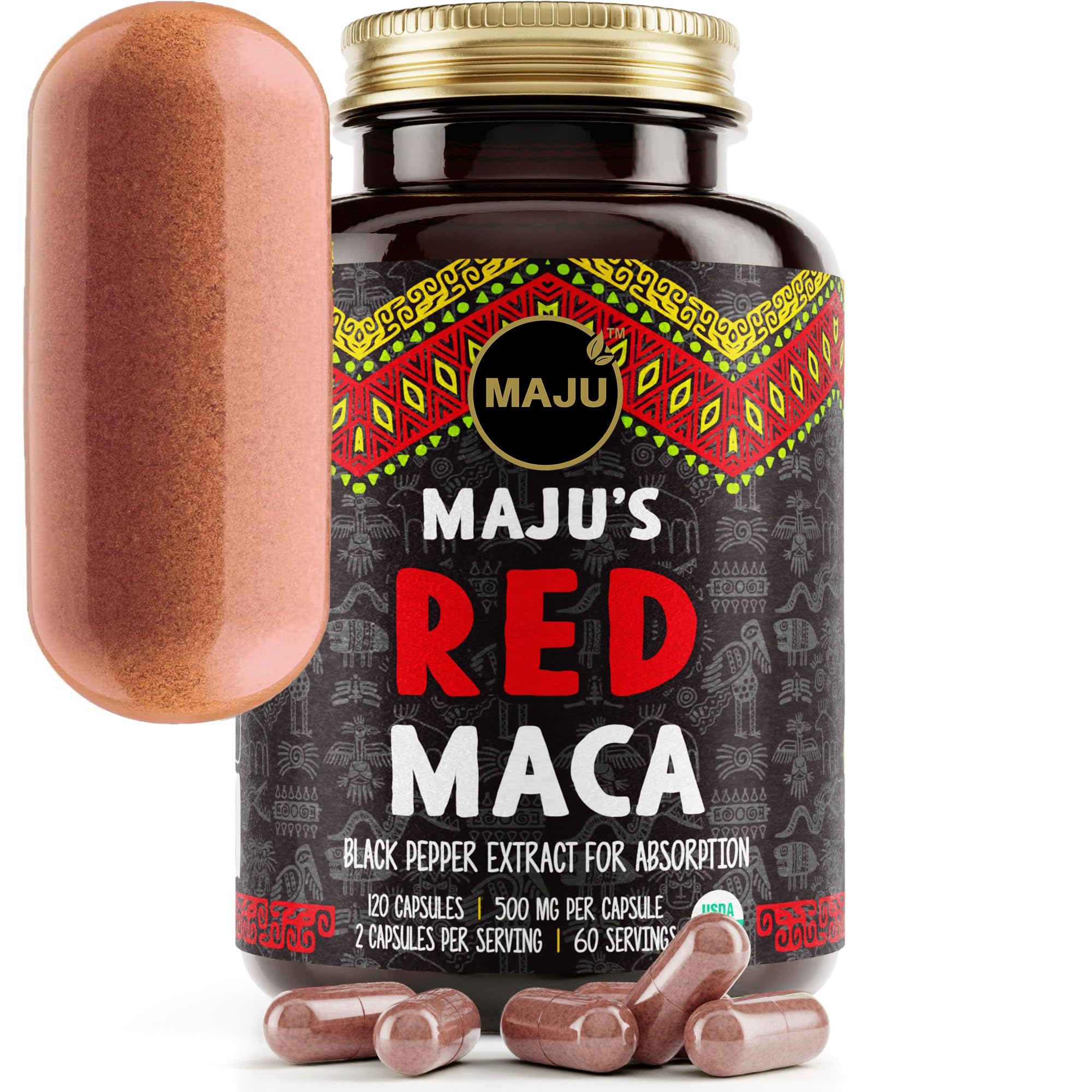 Maju Superfoods frasco frontal mostrando 120 cápsulas y etiqueta orgánica