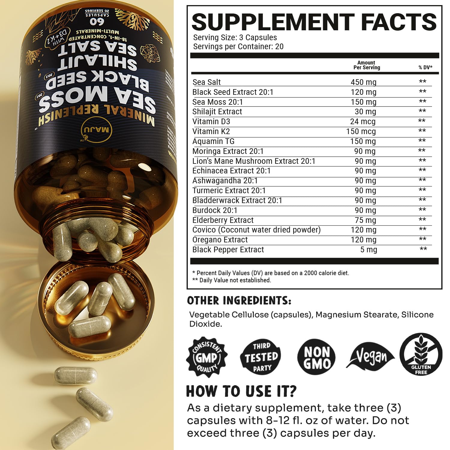 Maju Superfoods cápsula junto a objeto para comparar tamaño y conveniencia