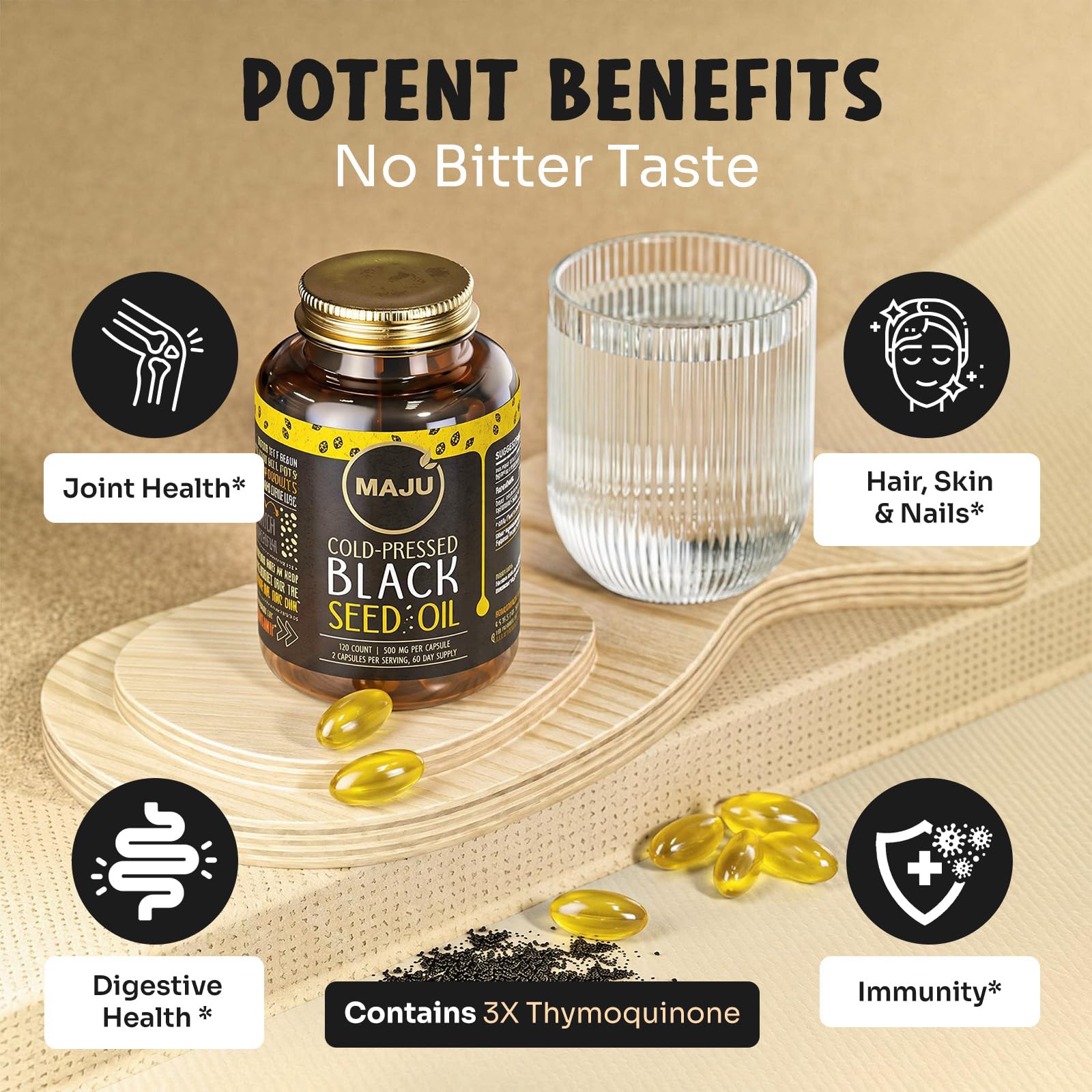 Maju Superfoods etiqueta con información de 3X thymoquinone y origen turco claro
